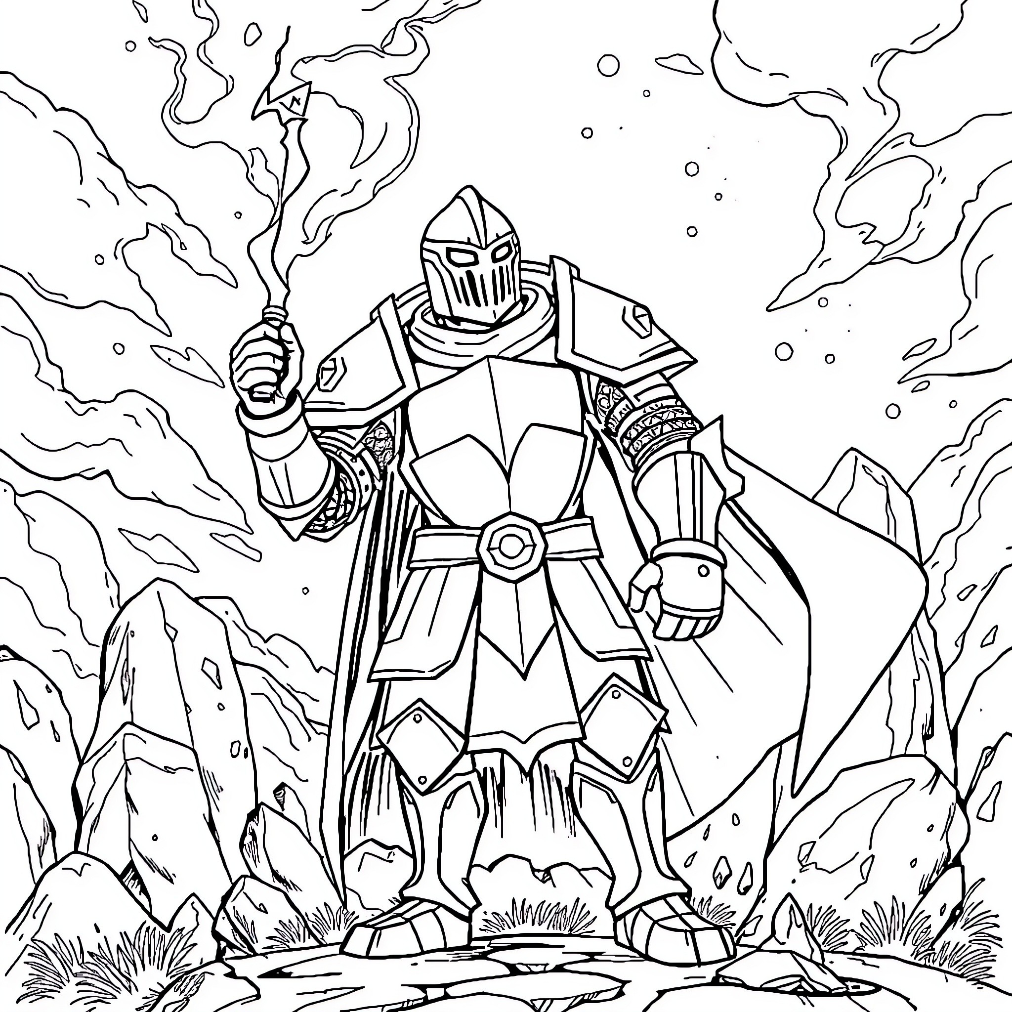 Knight in Heroic Stance Amidst Magical Surroundings Coloring Page (free black-and-white line drawing printable PDF for all, from beginners to advanced learners, including children, teens, adults, and seniors)