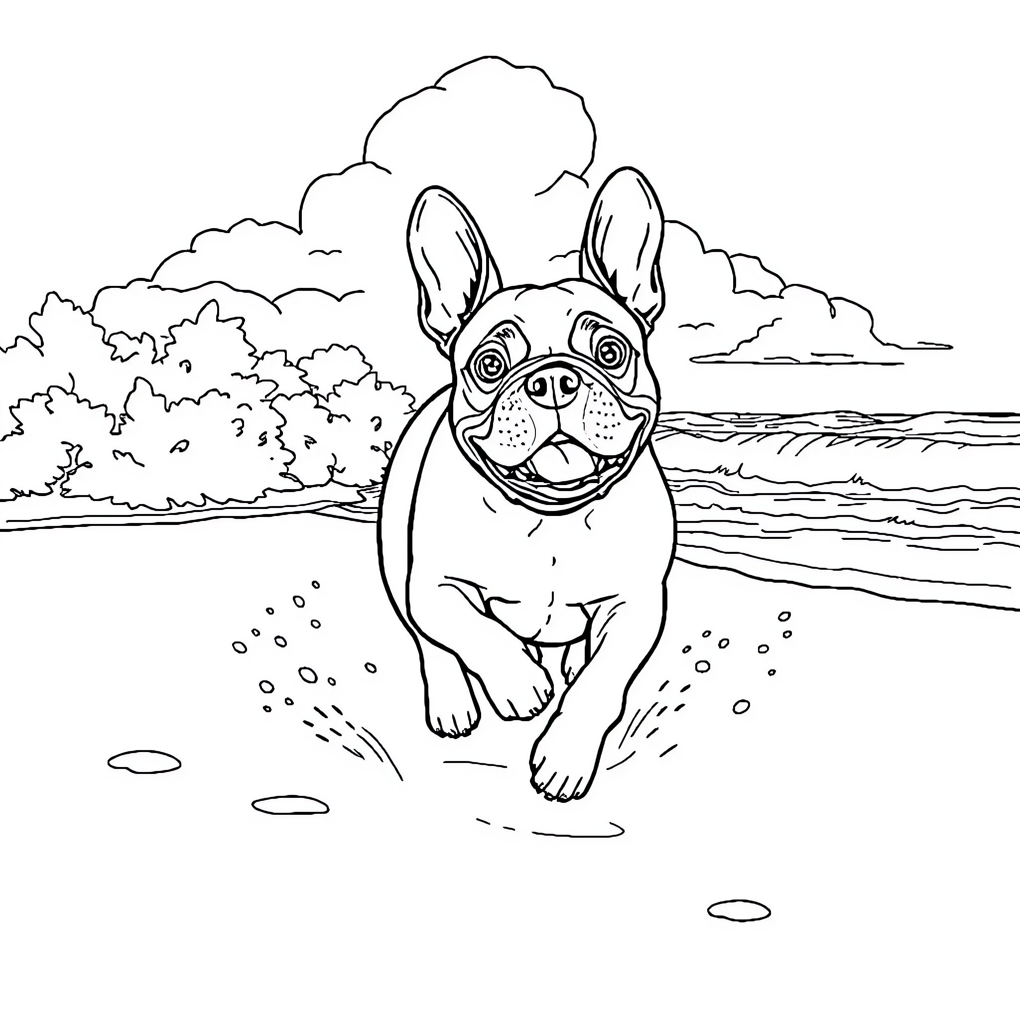French Bulldog playing happily in nature Coloring Page (free black-and-white line drawing printable PDF for all, from beginners to advanced learners, including children, teens, adults, and seniors)