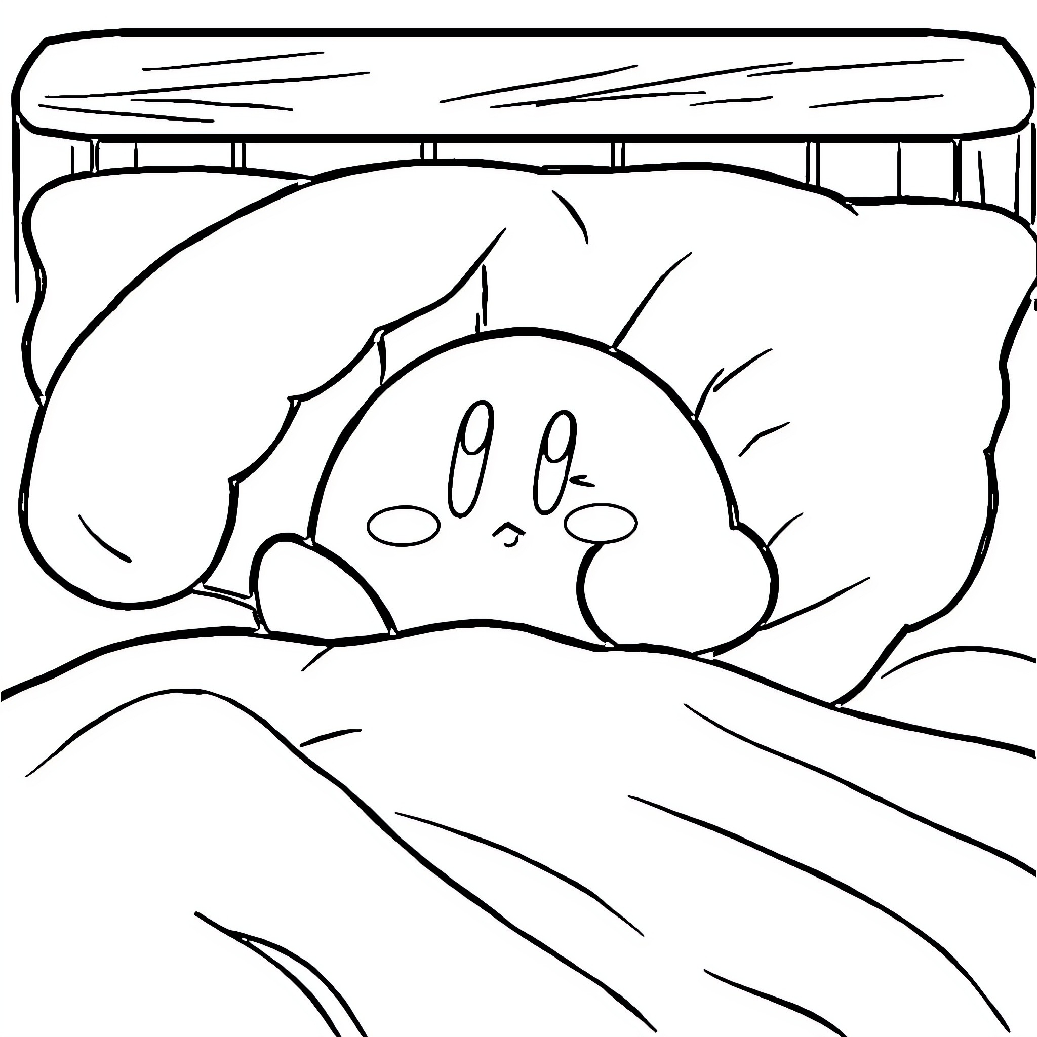 Kirby resting peacefully in a cozy environment Coloring Page (free black-and-white line drawing printable PDF for all, from beginners to advanced learners, including children, teens, adults, and seniors)