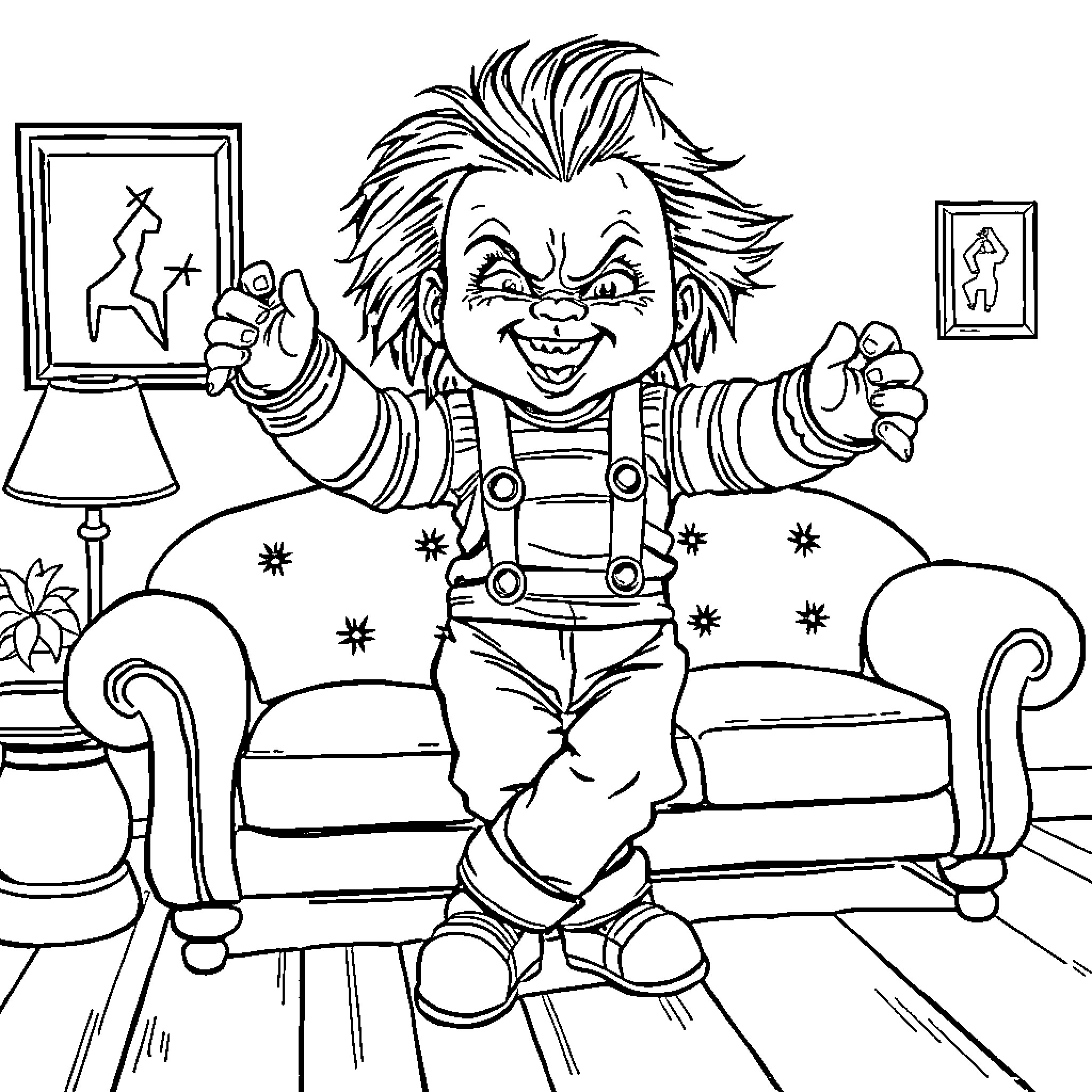 Chucky Doll's Mischievous Antics Coloring Page (free black-and-white line drawing printable PDF for all, from beginners to advanced learners, including children, teens, adults, and seniors)