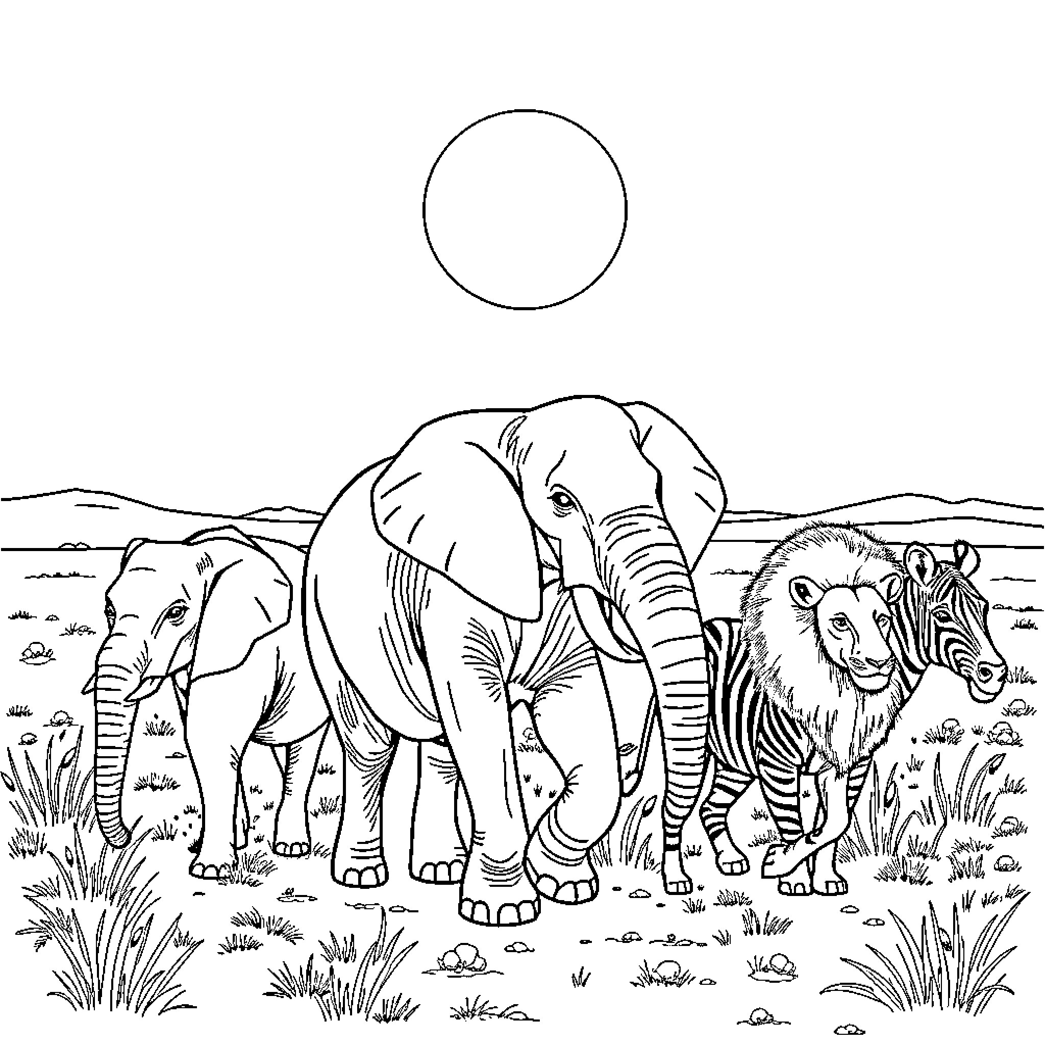 Savanna Animals in the Wild Coloring Page (free black-and-white line drawing printable PDF for all, from beginners to advanced learners, including children, teens, adults, and seniors)