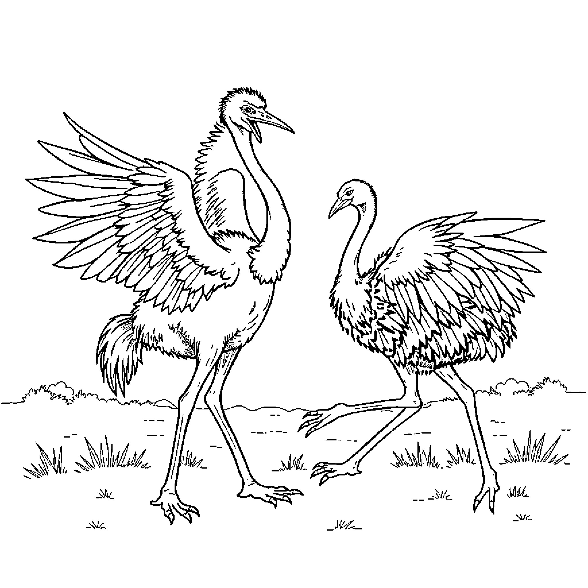Ostriches Strutting and Exploring in the Wild Coloring Page (free black-and-white line drawing printable PDF for all, from beginners to advanced learners, including children, teens, adults, and seniors)