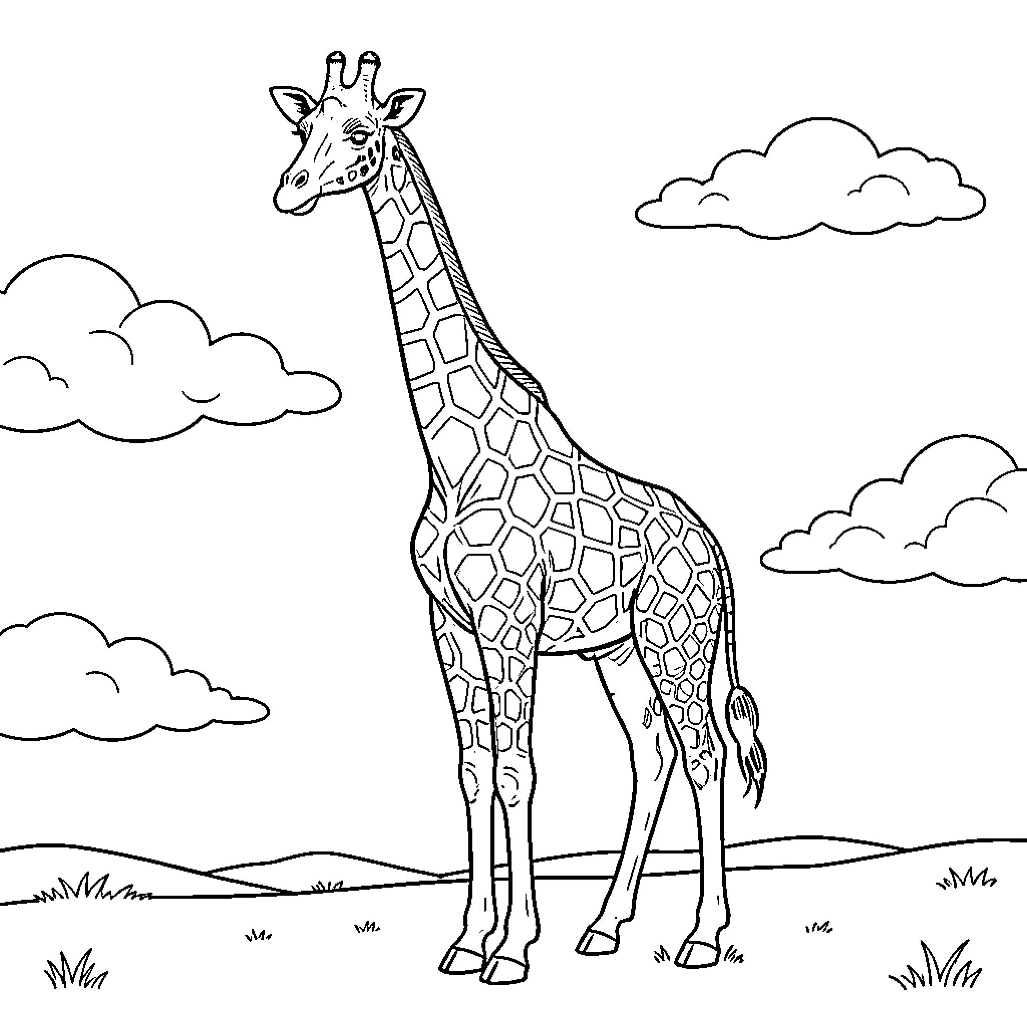 Giraffe standing tall in a cloudy landscape Coloring Page (free black-and-white line drawing printable PDF for all, from beginners to advanced learners, including children, teens, adults, and seniors)