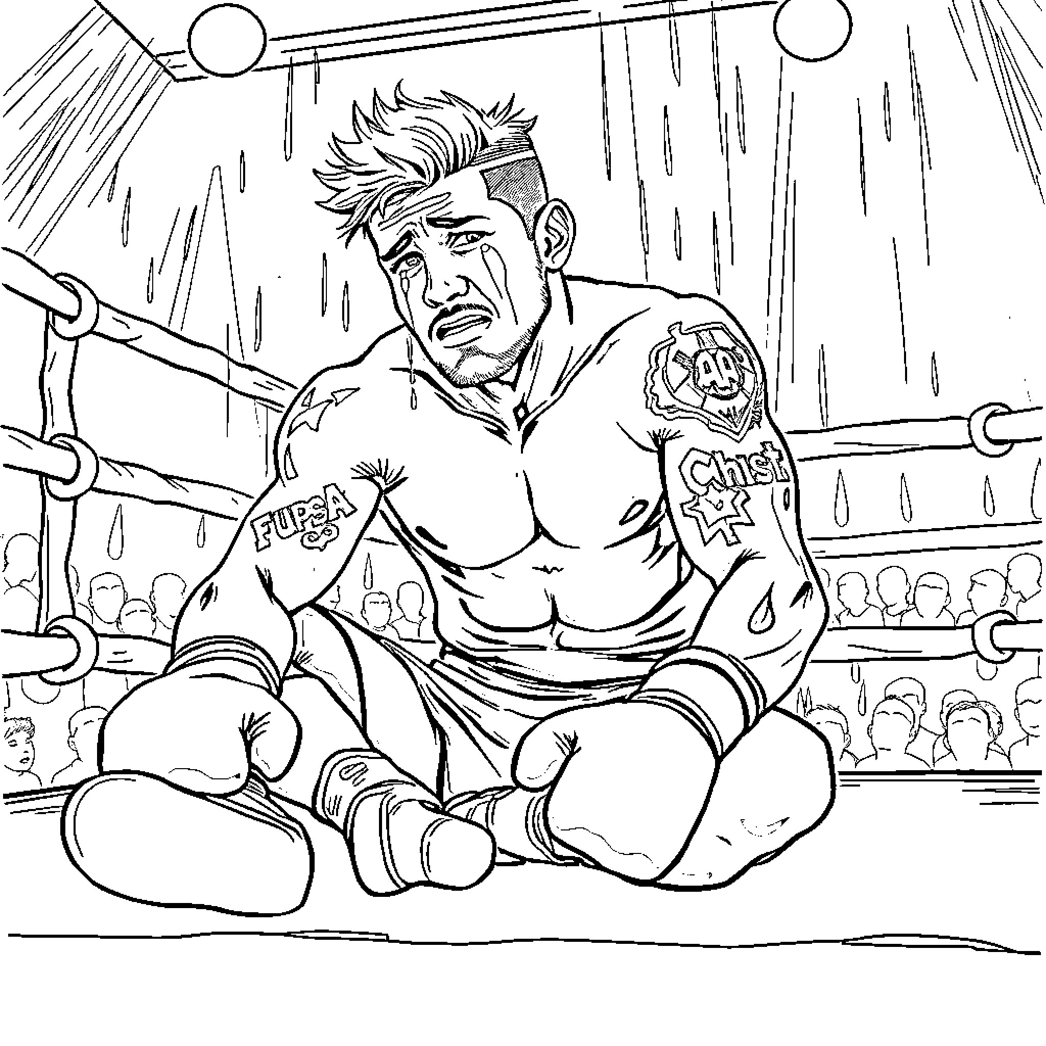 Jake Paul in an intense wrestling match Coloring Page (free black-and-white line drawing printable PDF for all, from beginners to advanced learners, including children, teens, adults, and seniors)