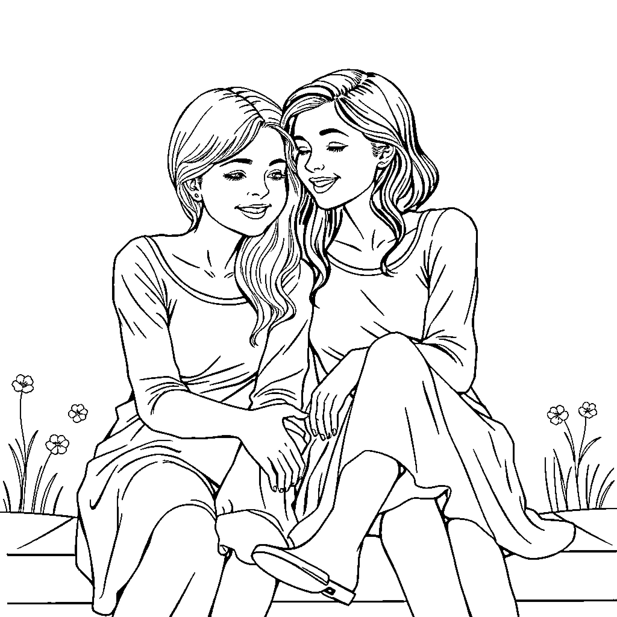 Sister Companions Enjoying Each Other's Company Coloring Page (free black-and-white line drawing printable PDF for all, from beginners to advanced learners, including children, teens, adults, and seniors)