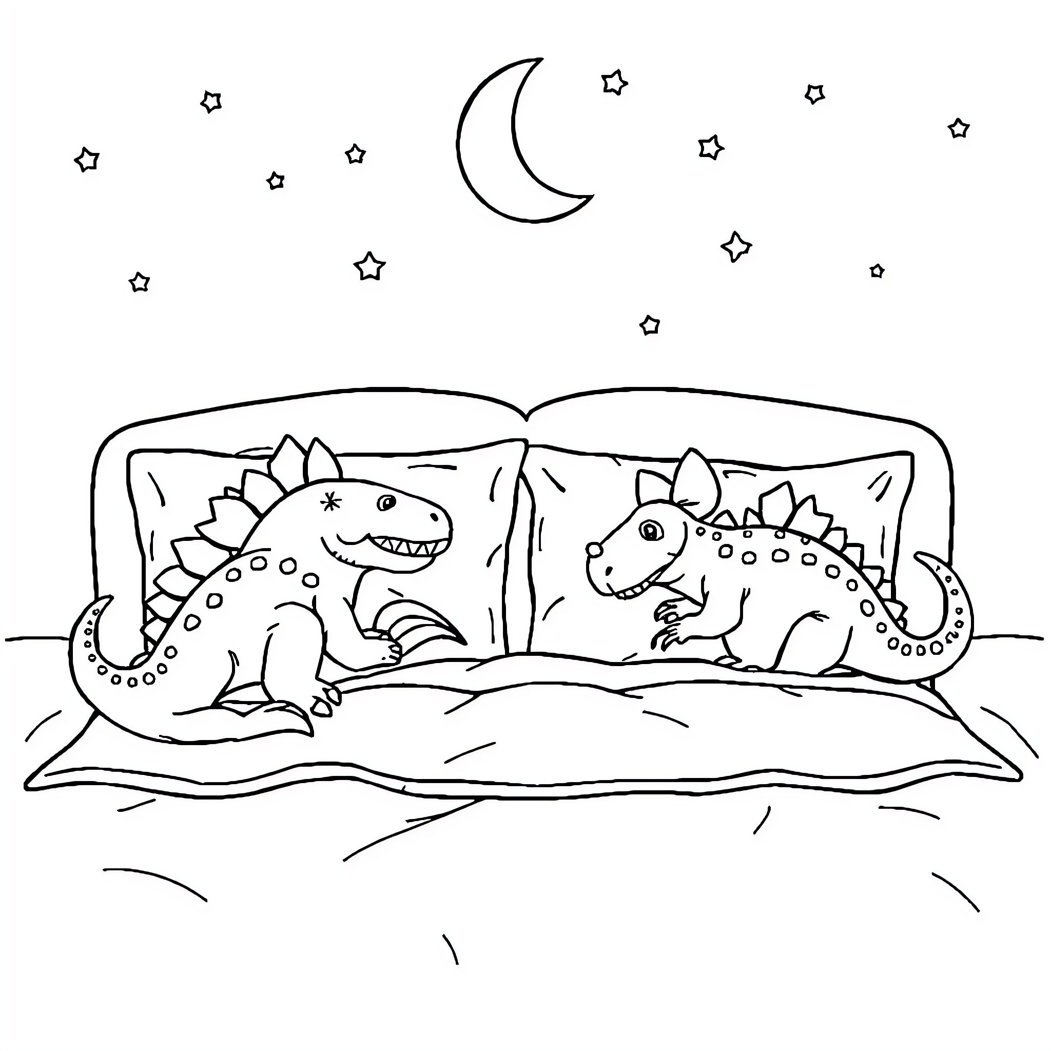 Dinosaurs playing under the night sky Coloring Page (free black-and-white line drawing printable PDF for all, from beginners to advanced learners, including children, teens, adults, and seniors)