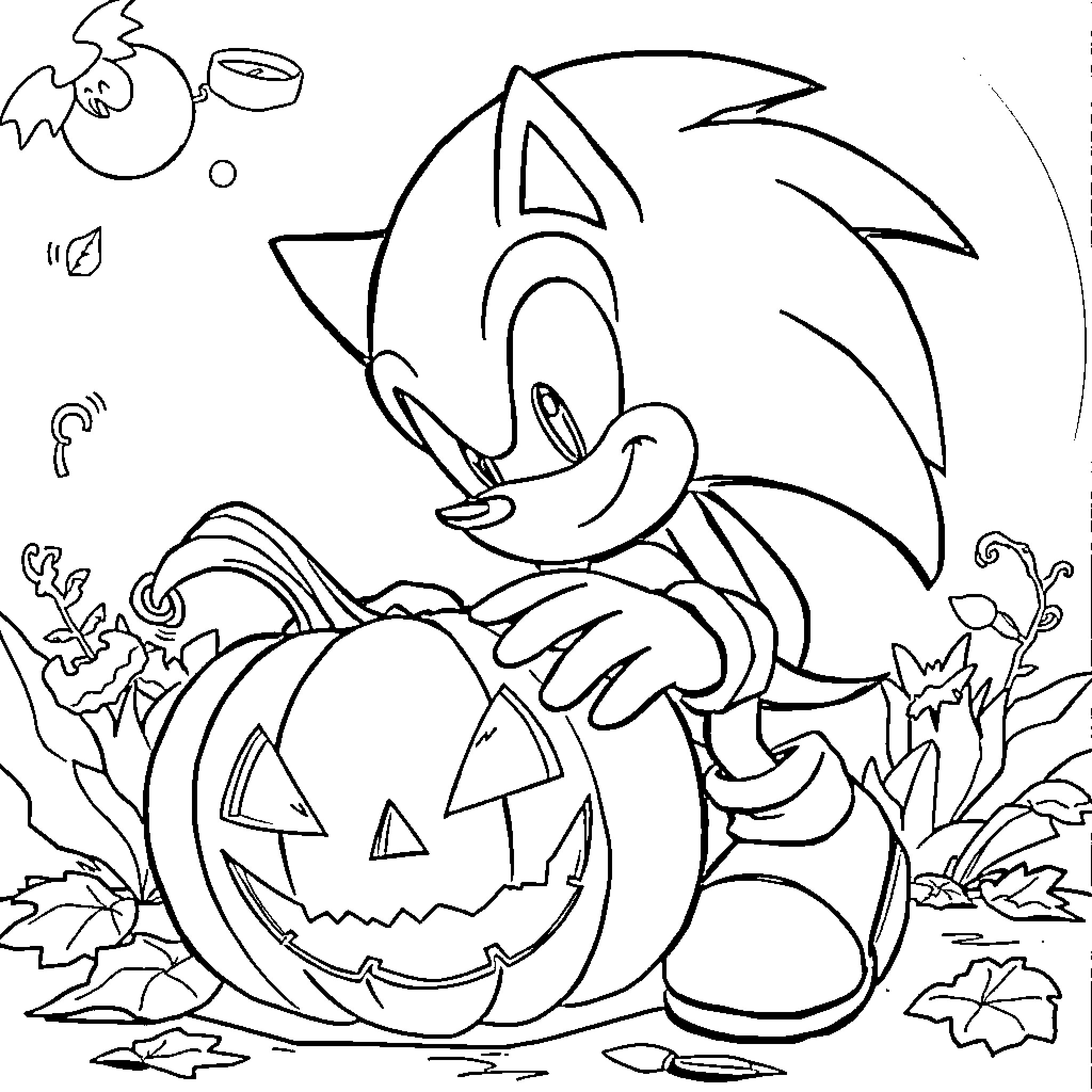 Sonic Celebrating Halloween with a Pumpkin Coloring Page (free black-and-white line drawing printable PDF for all, from beginners to advanced learners, including children, teens, adults, and seniors)