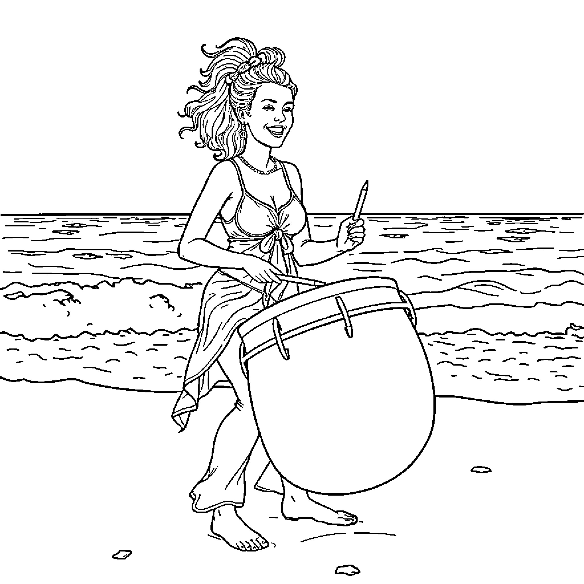 Woman playing joyfully on the beach Coloring Page (free black-and-white line drawing printable PDF for all, from beginners to advanced learners, including children, teens, adults, and seniors)