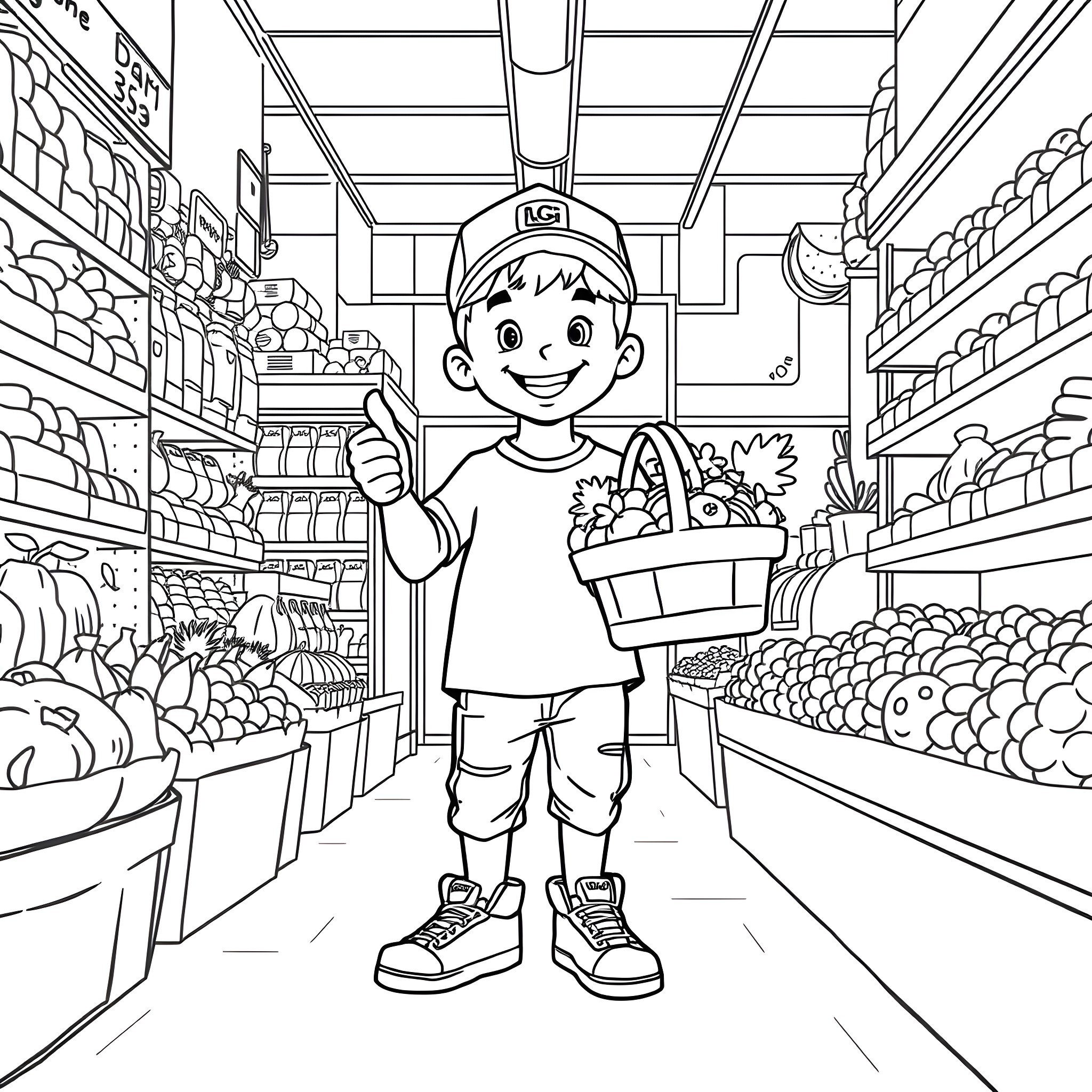 Boy shopping for groceries in a supermarket Coloring Page (free black-and-white line drawing printable PDF for all, from beginners to advanced learners, including children, teens, adults, and seniors)