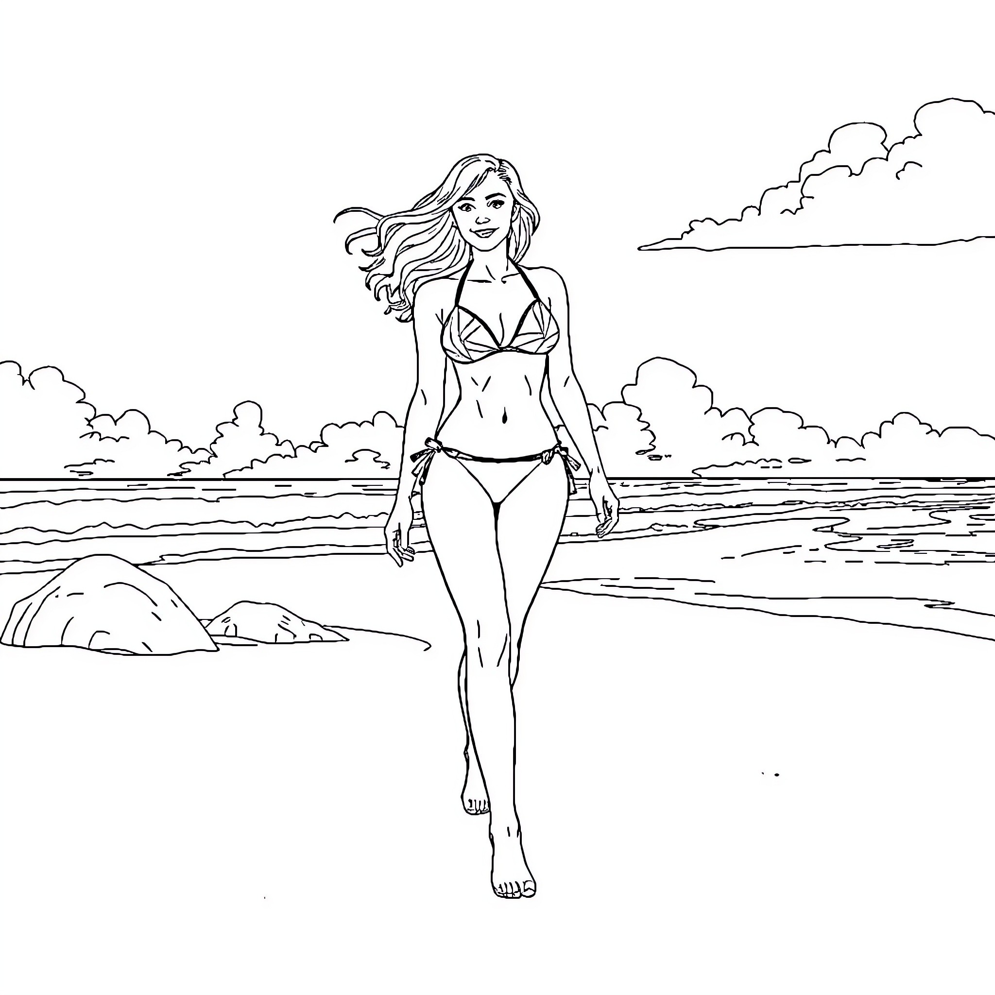 Girl walking on the beach in a swimsuit Coloring Page (free black-and-white line drawing printable PDF for all, from beginners to advanced learners, including children, teens, adults, and seniors)