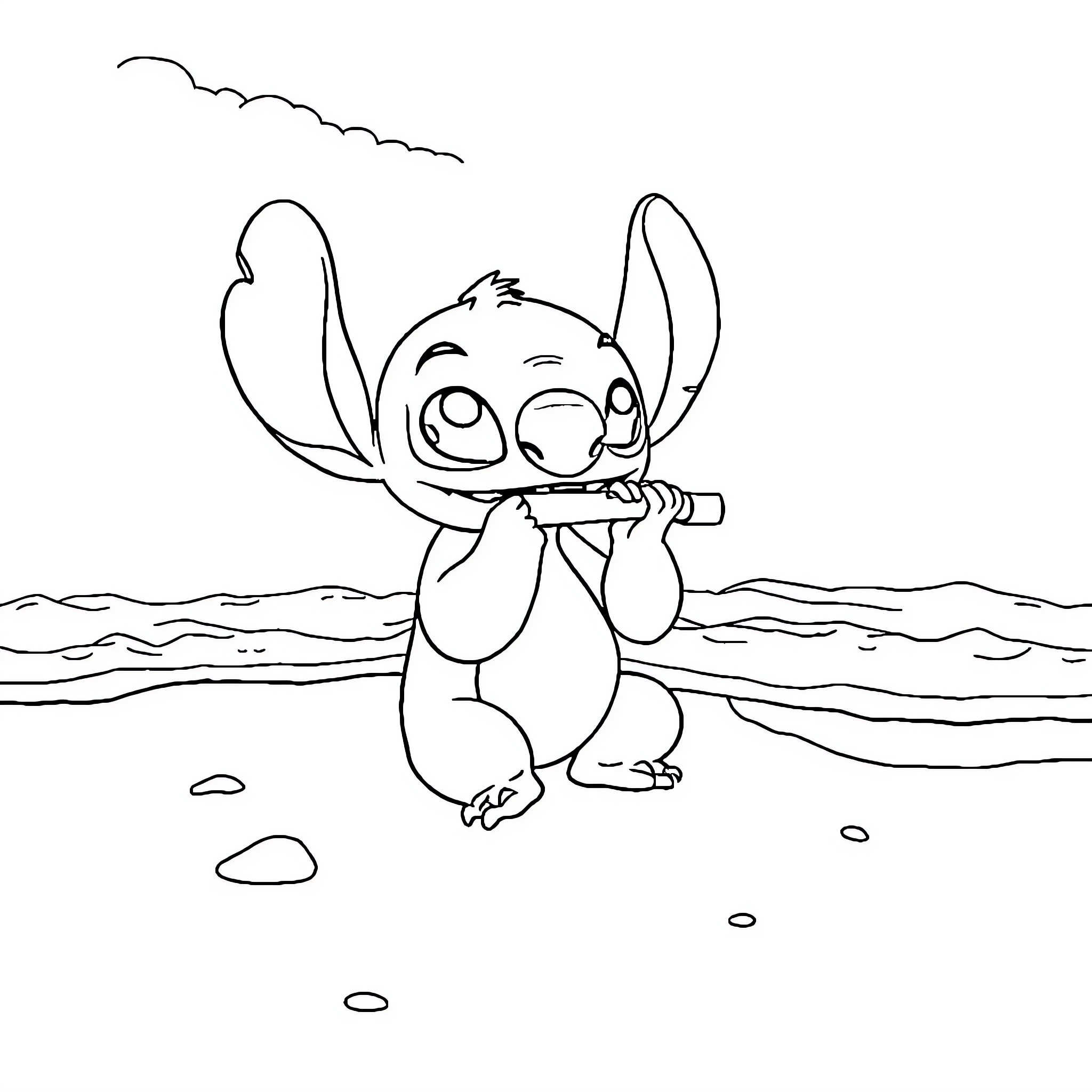 Stitch playing with a stick on the beach Coloring Page (free black-and-white line drawing printable PDF for all, from beginners to advanced learners, including children, teens, adults, and seniors)