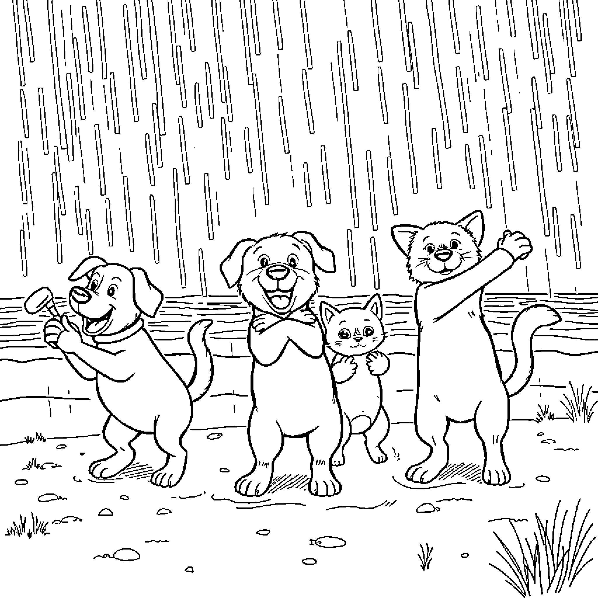Dog and friends playing in the rain Coloring Page (free black-and-white line drawing printable PDF for all, from beginners to advanced learners, including children, teens, adults, and seniors)