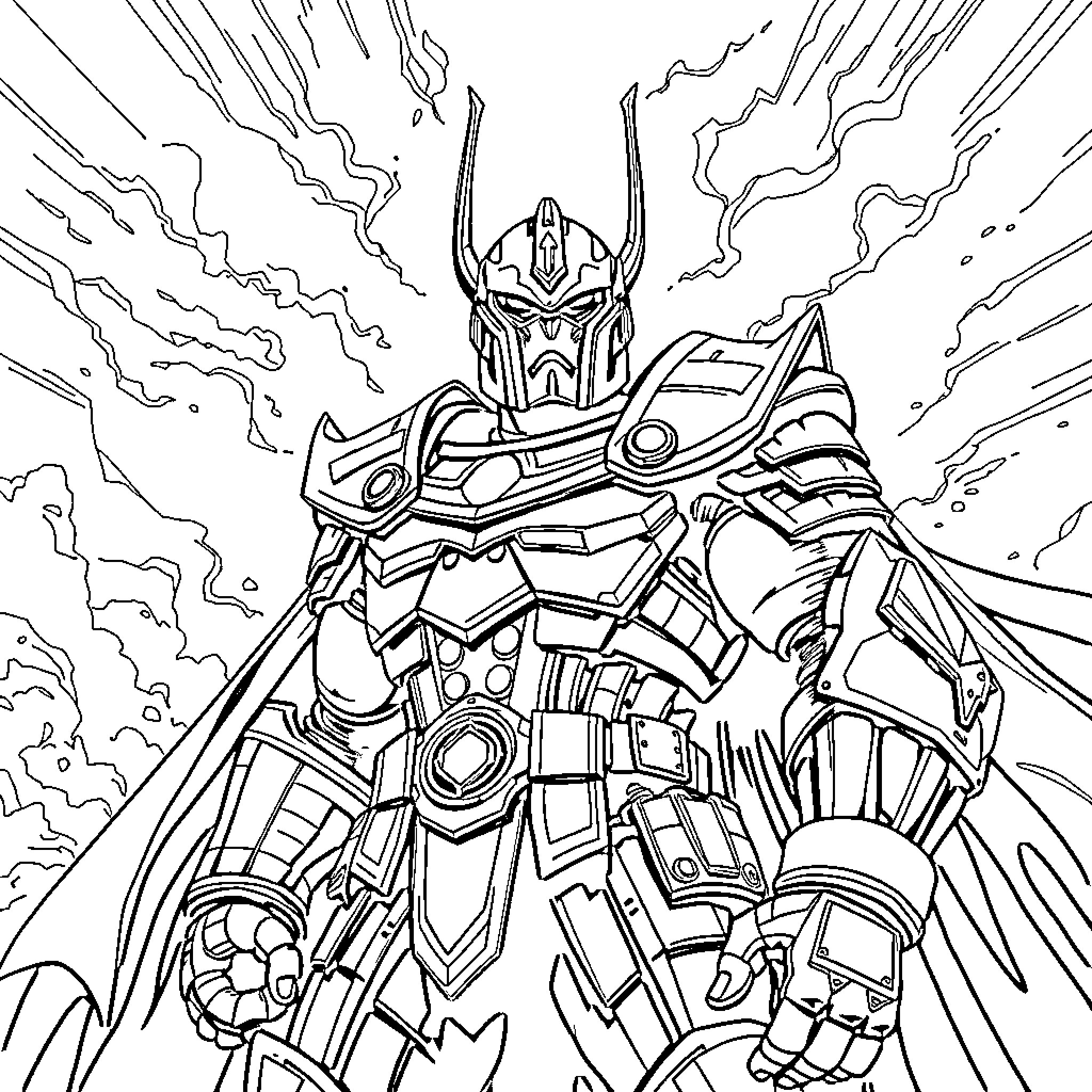 Kang's Heroic Mech Stance in the Midst of a Fierce Battle Coloring Page (free black-and-white line drawing printable PDF for all, from beginners to advanced learners, including children, teens, adults, and seniors)