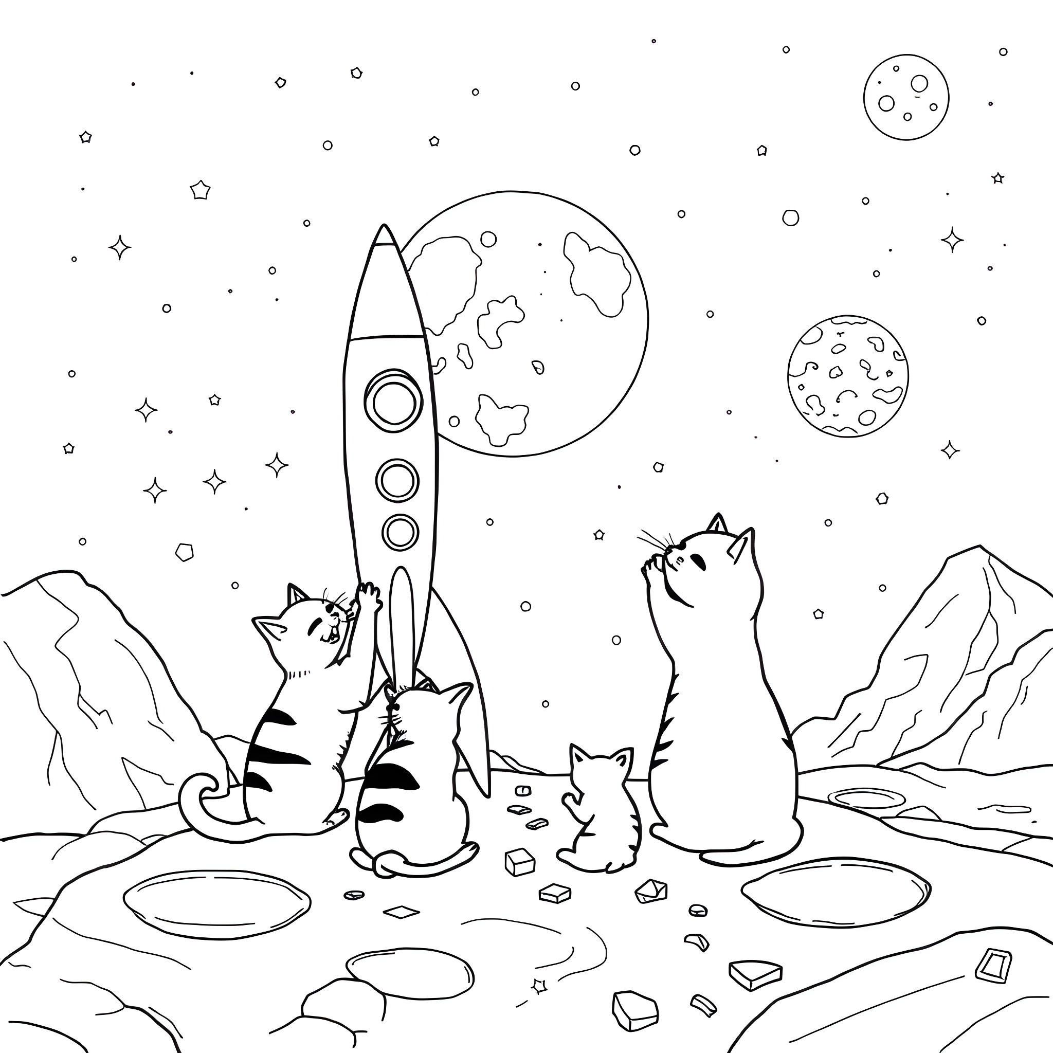 Cats exploring the alien landscape Coloring Page (free black-and-white line drawing printable PDF for all, from beginners to advanced learners, including children, teens, adults, and seniors)