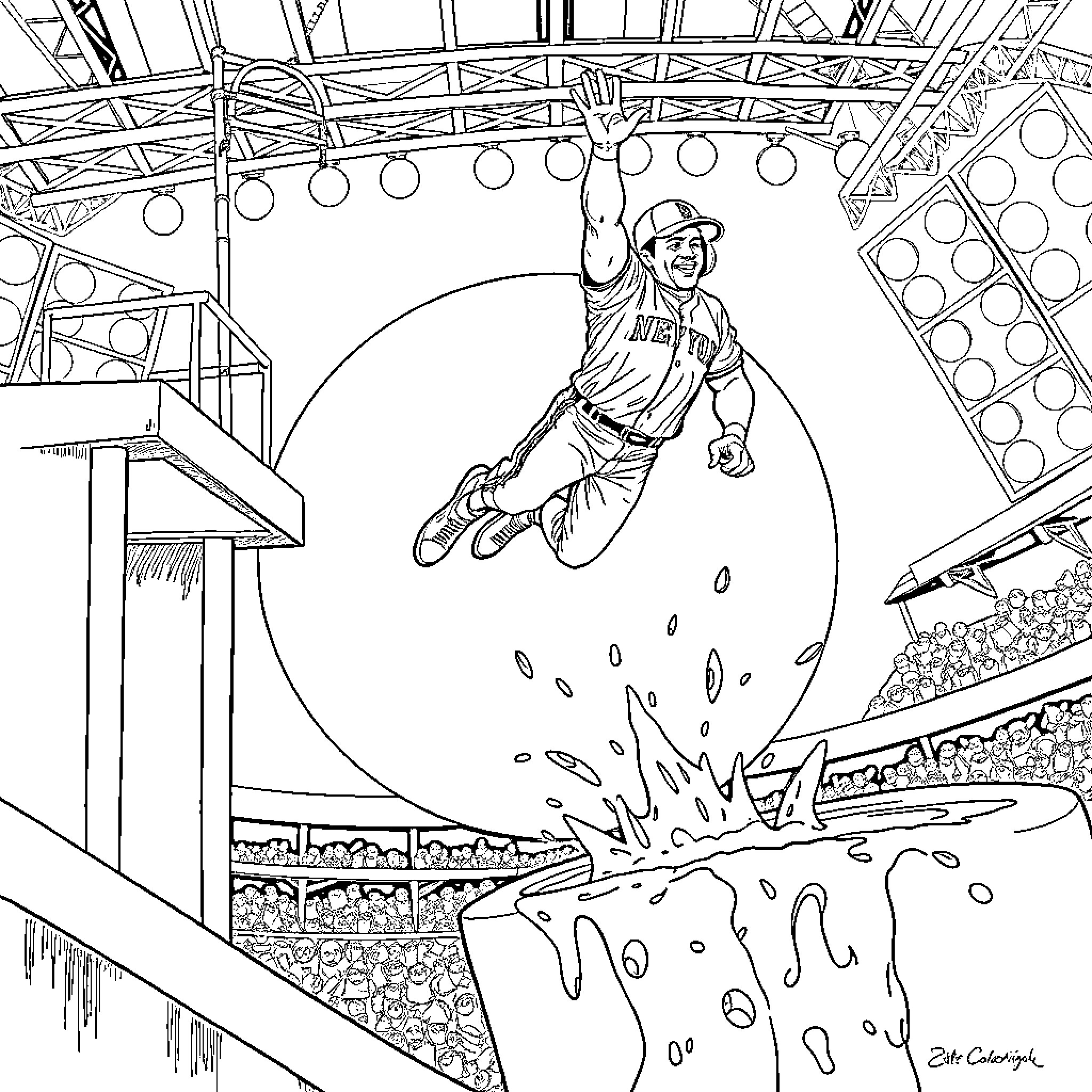 Barry Bonds Leaping to Catch a Fly Ball in the Stadium Coloring Page (free black-and-white line drawing printable PDF for all, from beginners to advanced learners, including children, teens, adults, and seniors)