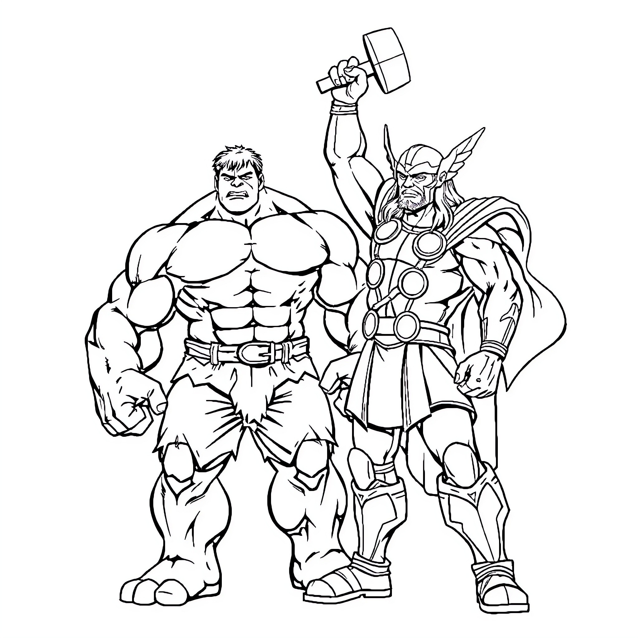 Hulk and Thor Heroic Duo Coloring Page (free black-and-white line drawing printable PDF for all, from beginners to advanced learners, including children, teens, adults, and seniors)