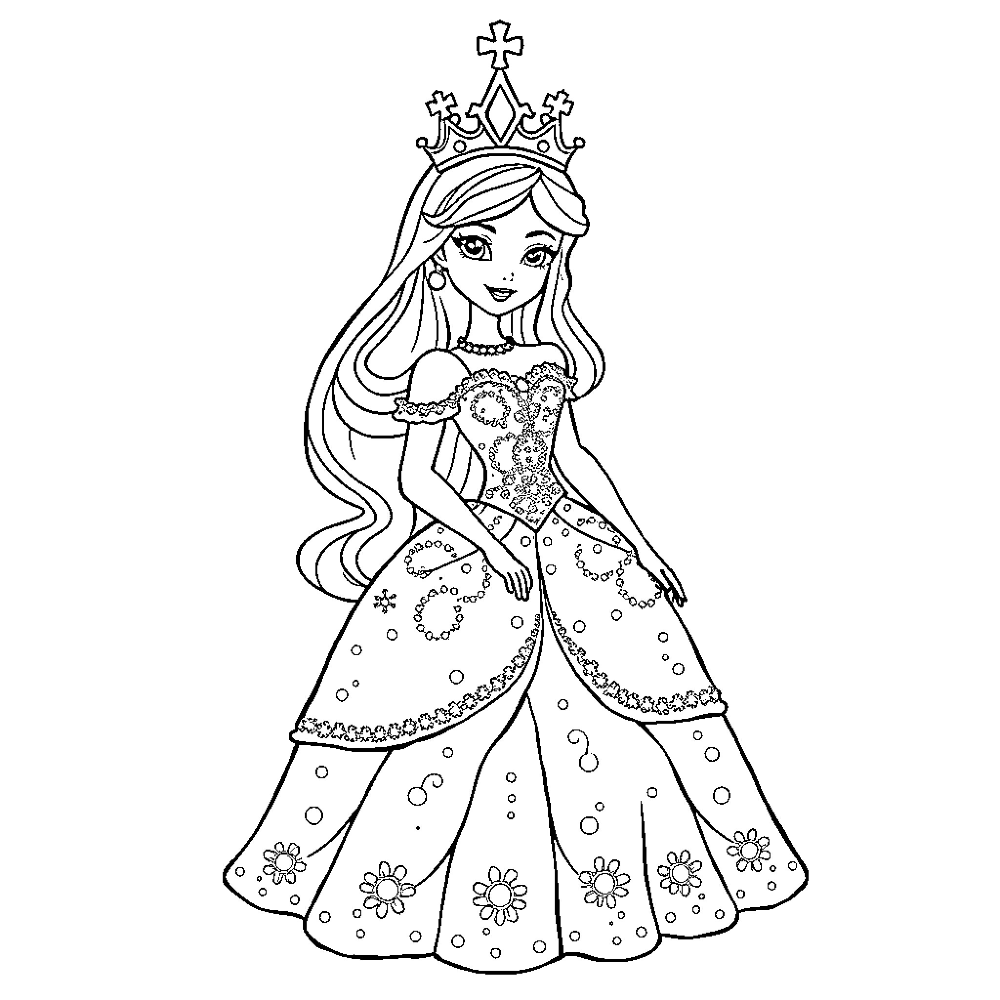 Princess in Sparkling Gown and Crown Coloring Page (free black-and-white line drawing printable PDF for all, from beginners to advanced learners, including children, teens, adults, and seniors)