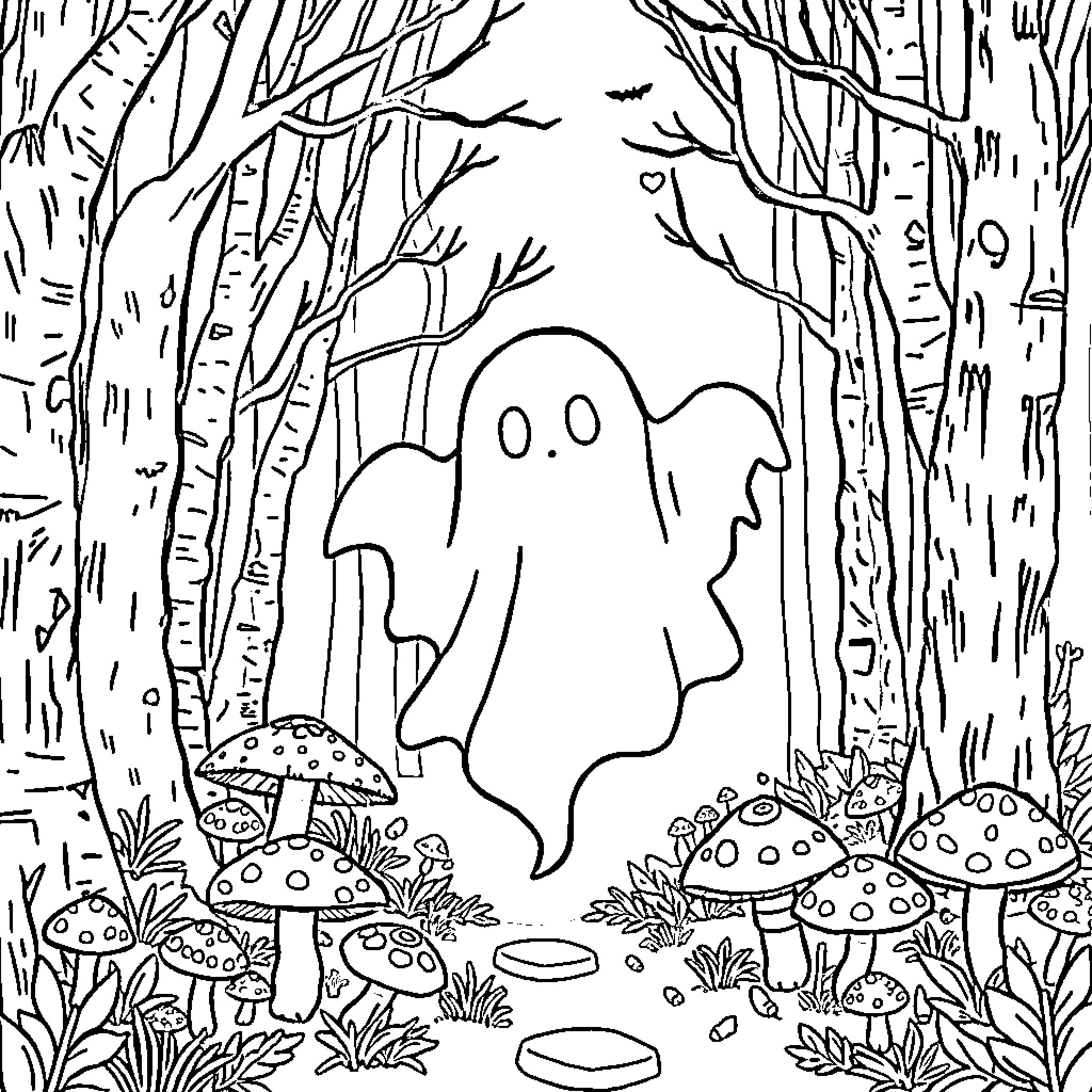 Ghost floating among spooky forest scenery Coloring Page (free black-and-white line drawing printable PDF for all, from beginners to advanced learners, including children, teens, adults, and seniors)