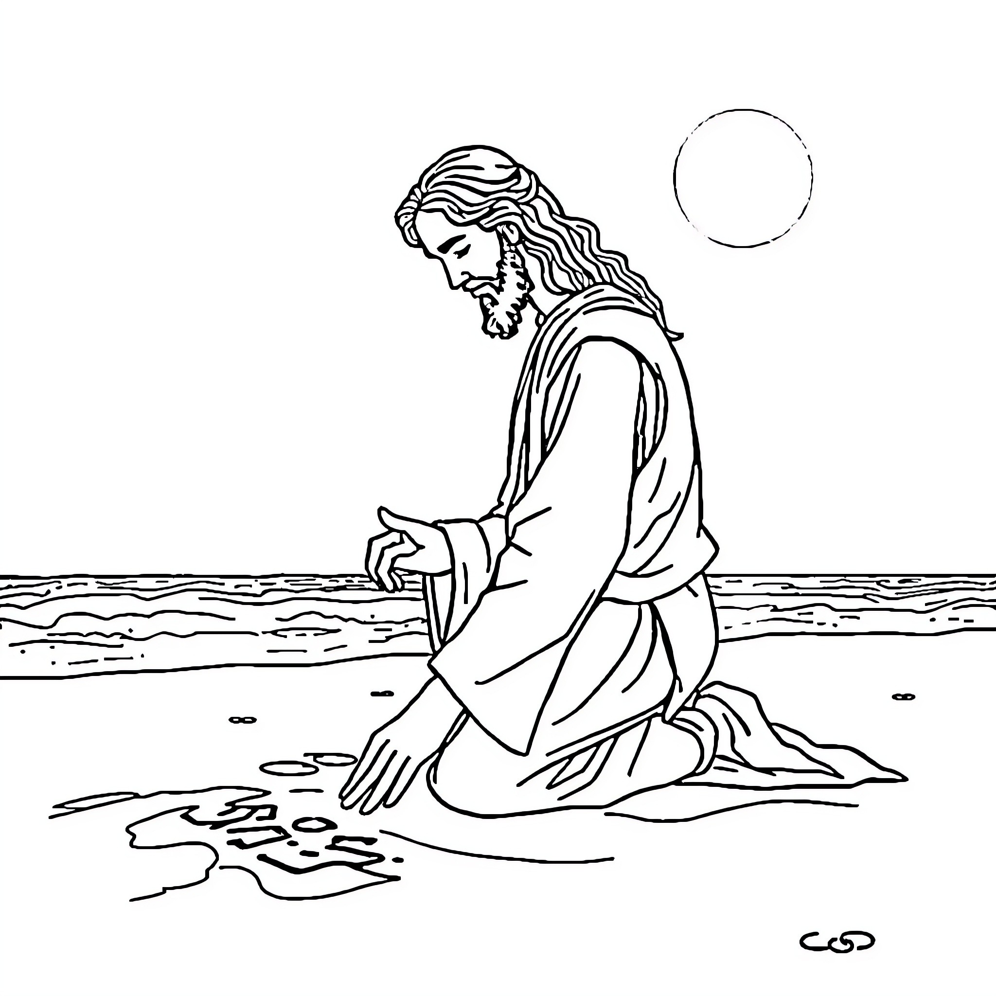 Jesus praying solemnly by the seashore Coloring Page (free black-and-white line drawing printable PDF for all, from beginners to advanced learners, including children, teens, adults, and seniors)
