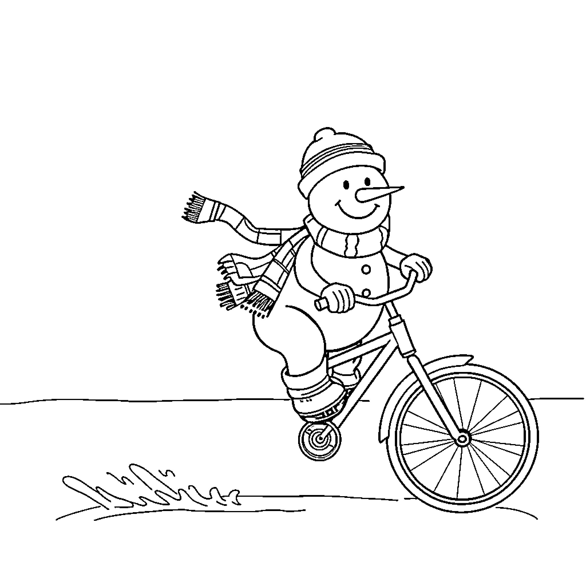 Snowman riding a bicycle in the winter Coloring Page (free black-and-white line drawing printable PDF for all, from beginners to advanced learners, including children, teens, adults, and seniors)