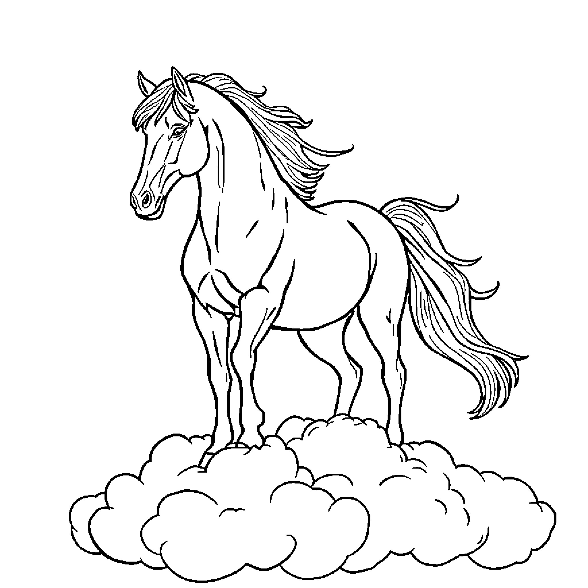 Horse standing tall on cloud-filled sky Coloring Page (free black-and-white line drawing printable PDF for all, from beginners to advanced learners, including children, teens, adults, and seniors)