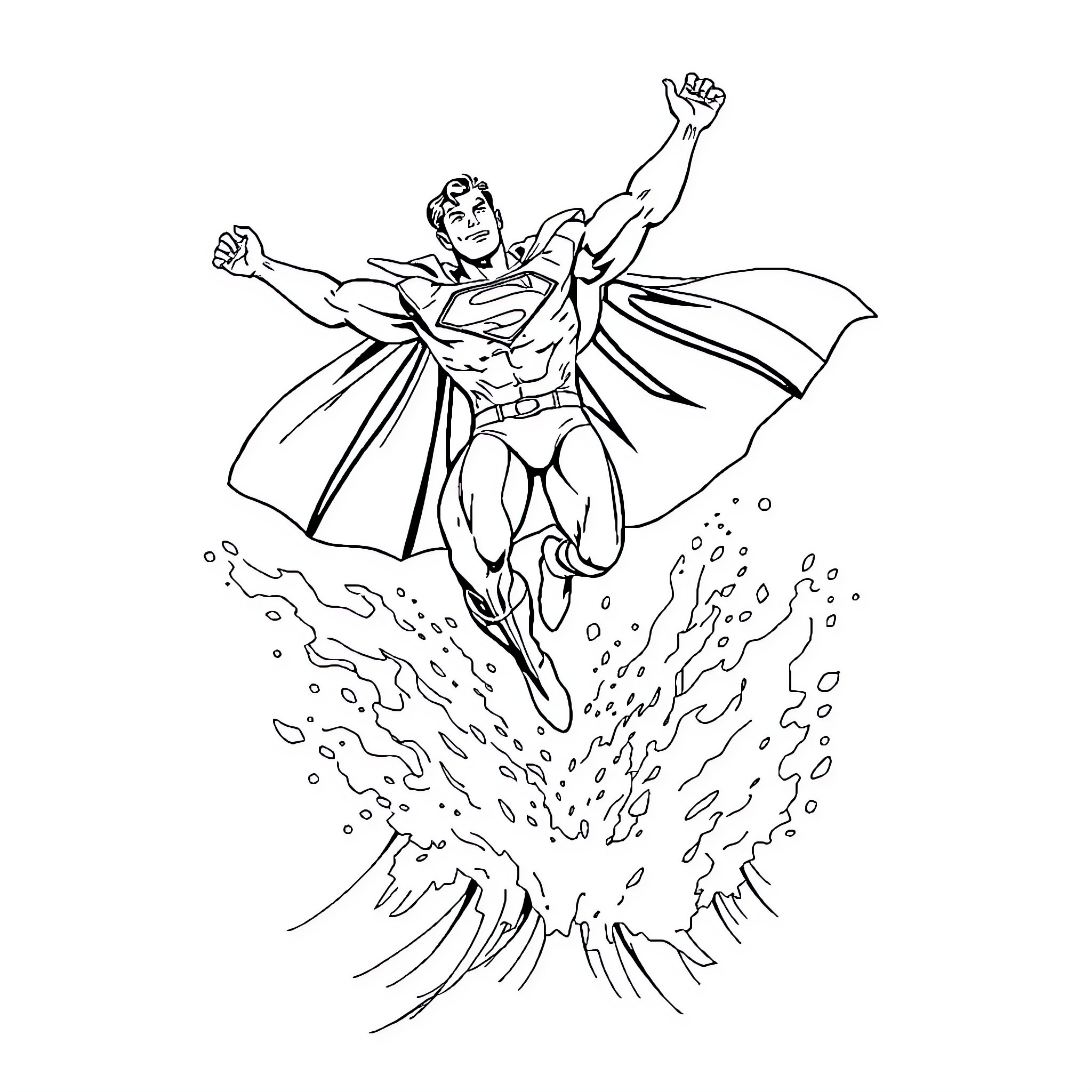 Superman soaring through the sky with heroic pose Coloring Page (free black-and-white line drawing printable PDF for all, from beginners to advanced learners, including children, teens, adults, and seniors)