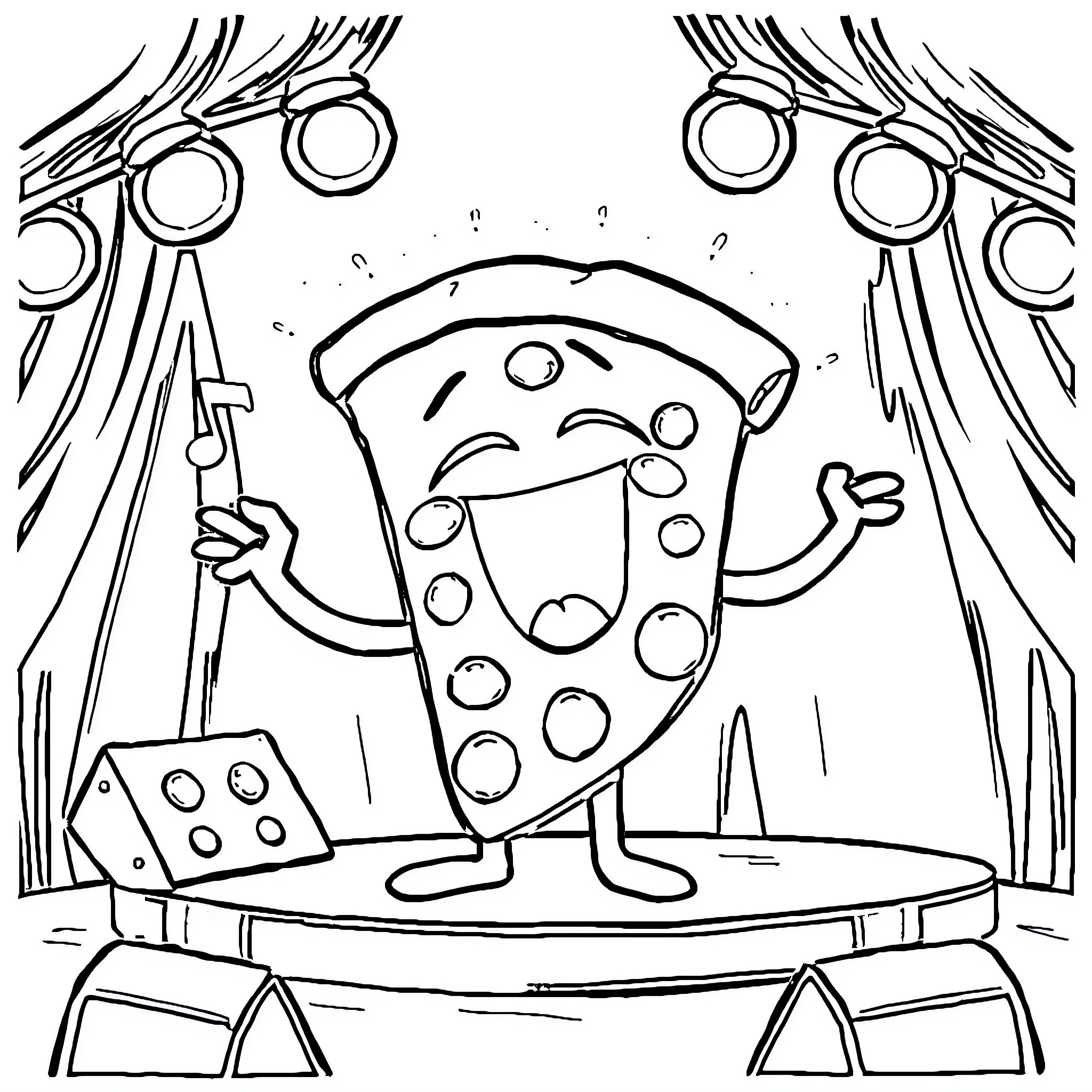 Pizza Performance on the Stage Coloring Page (free black-and-white line drawing printable PDF for all, from beginners to advanced learners, including children, teens, adults, and seniors)