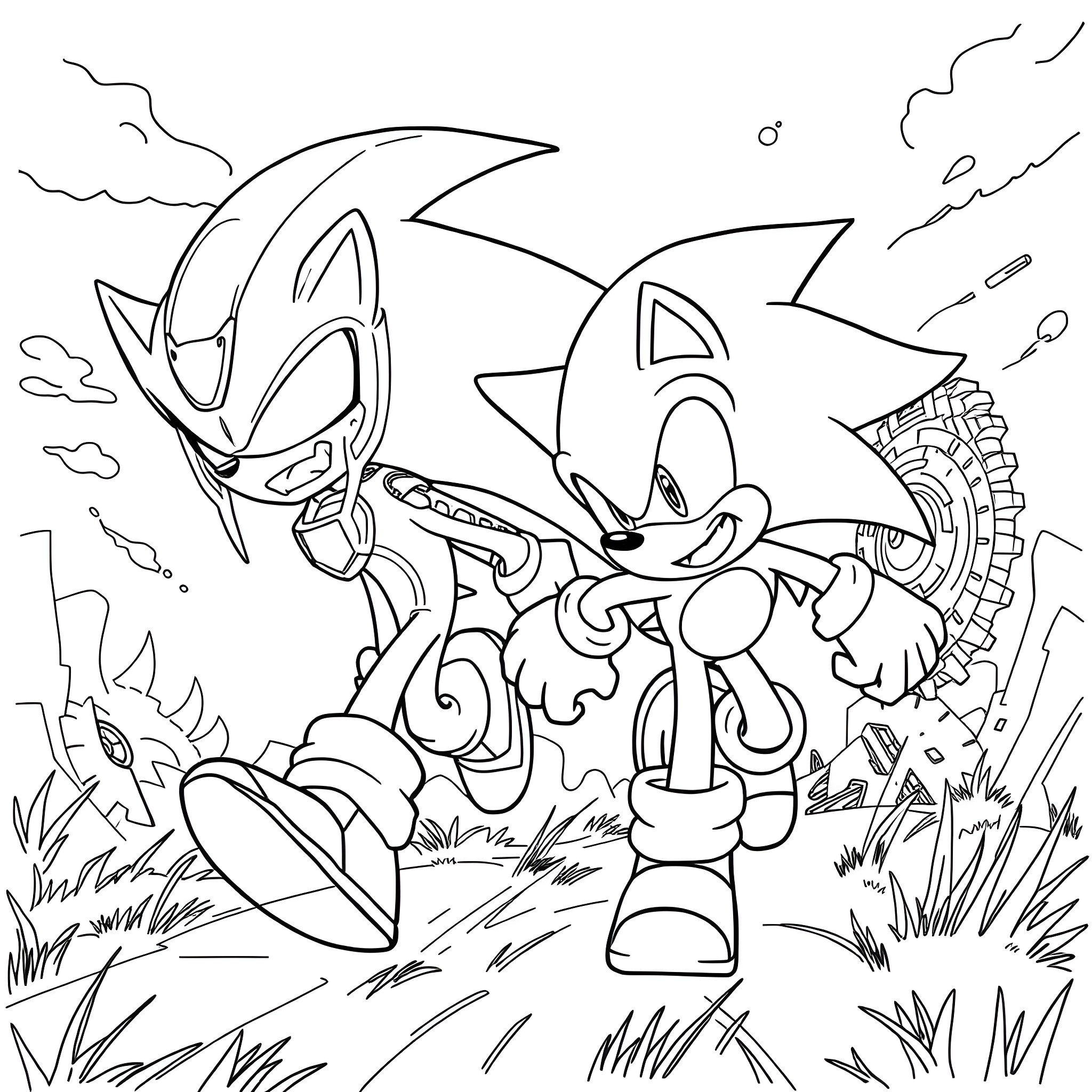 Sonic and friend in an action-packed scene Coloring Page (free black-and-white line drawing printable PDF for all, from beginners to advanced learners, including children, teens, adults, and seniors)