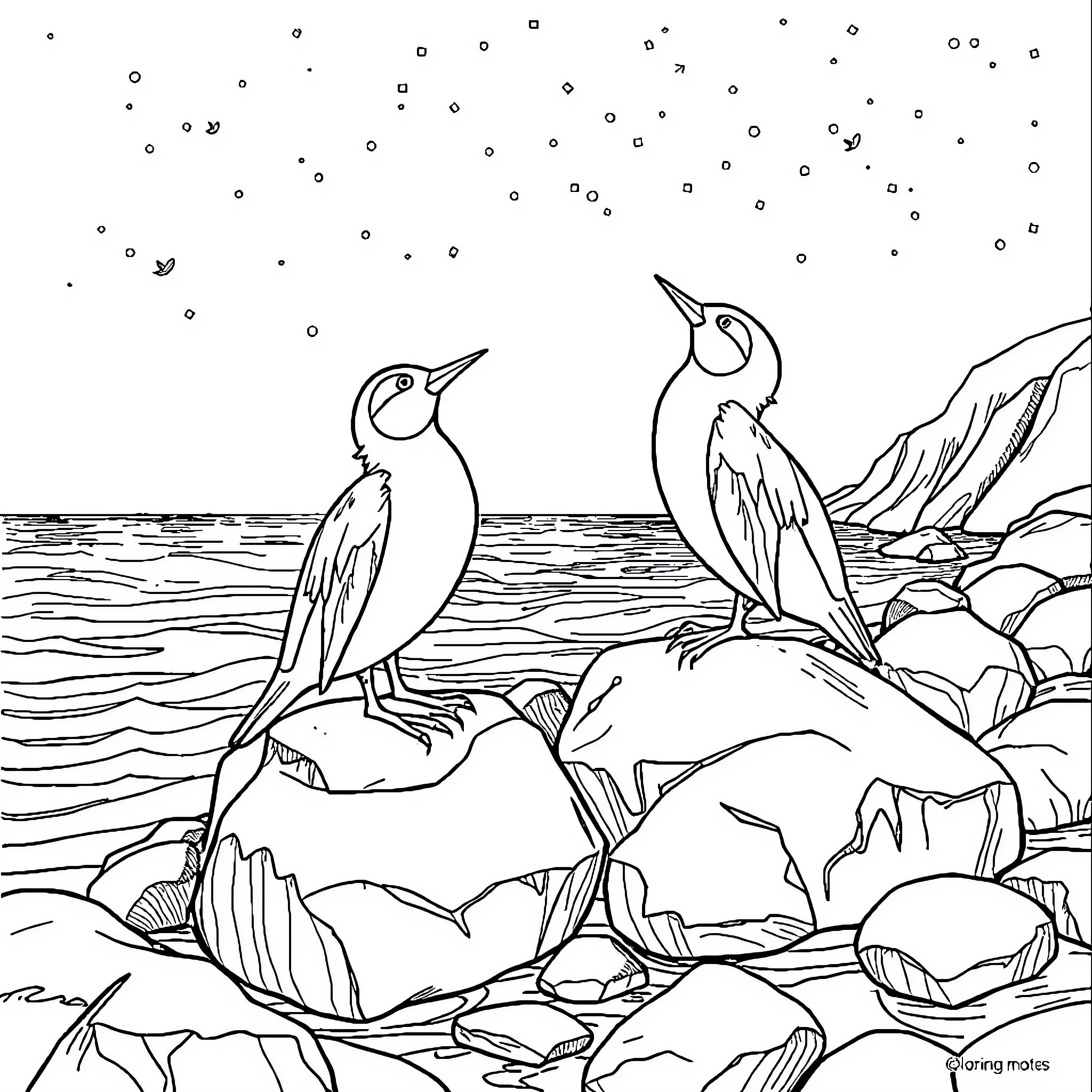 Mermaid-like birds perched on rocky shore Coloring Page (free black-and-white line drawing printable PDF for all, from beginners to advanced learners, including children, teens, adults, and seniors)