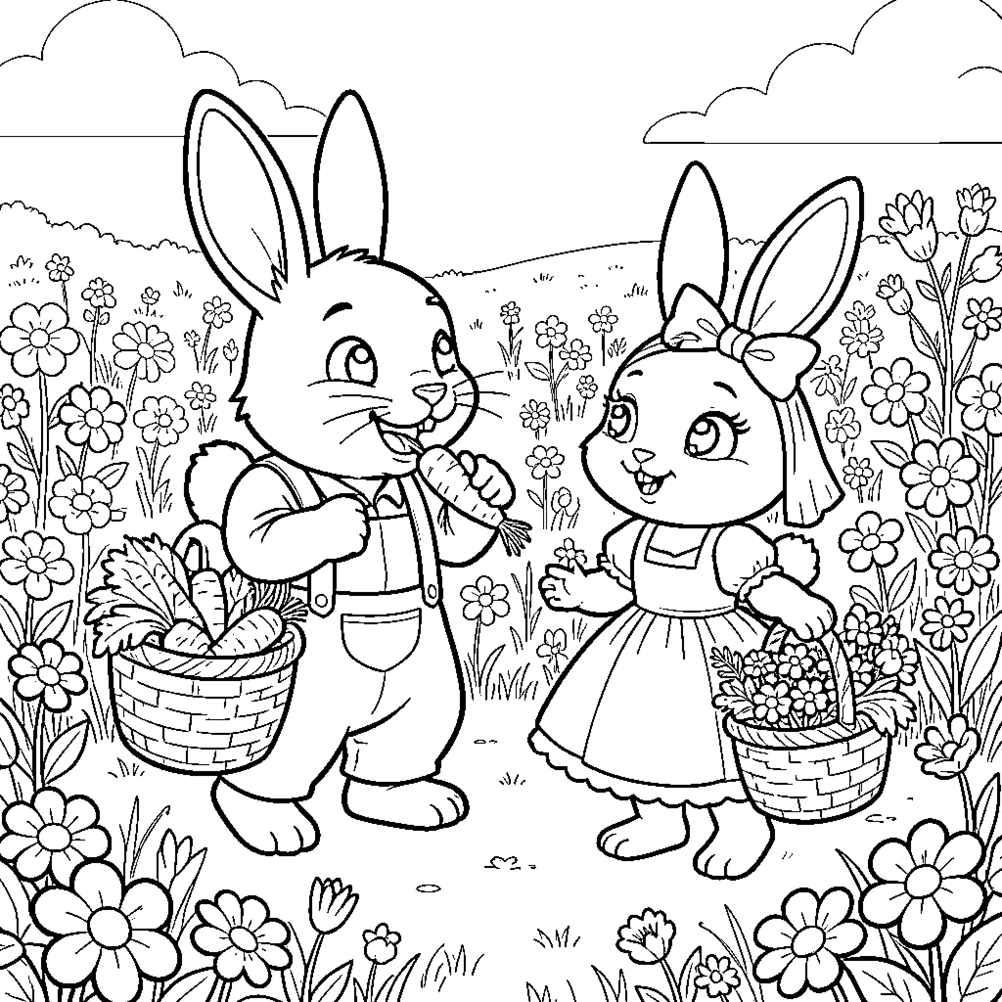 Conejo Bunnies Collecting Baskets of Flowers Coloring Page (free black-and-white line drawing printable PDF for all, from beginners to advanced learners, including children, teens, adults, and seniors)