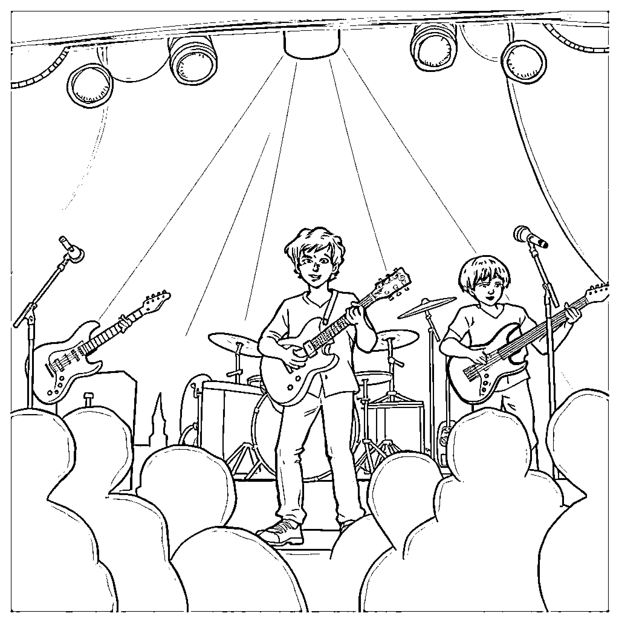 Prodigy Band Performs on Stage Coloring Page (free black-and-white line drawing printable PDF for all, from beginners to advanced learners, including children, teens, adults, and seniors)