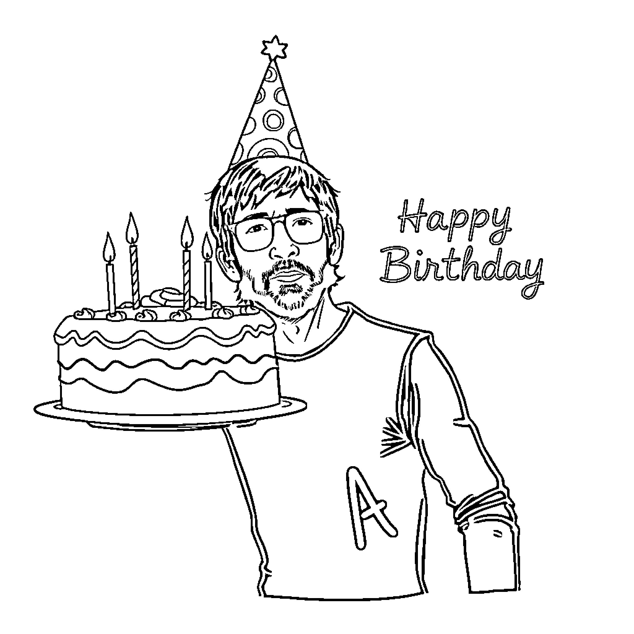 Trent Reznor celebrating with birthday cake and party hat Coloring Page (free black-and-white line drawing printable PDF for all, from beginners to advanced learners, including children, teens, adults, and seniors)
