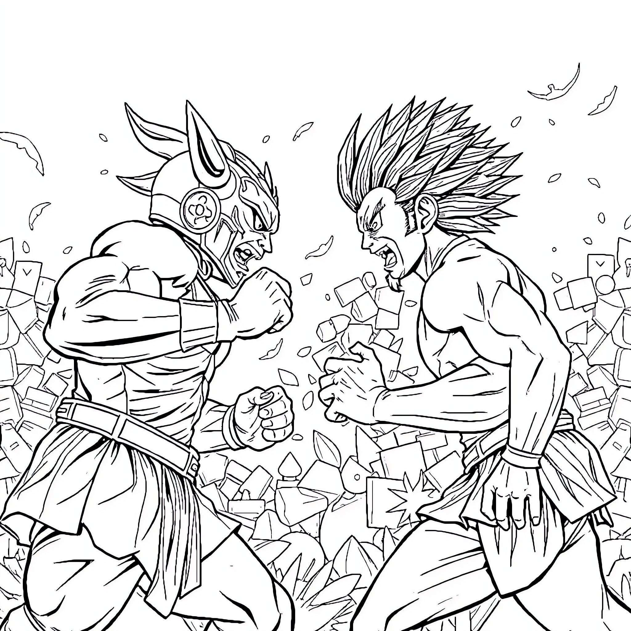 Tungtung Fierce Fighters in Energetic Battle Coloring Page (free black-and-white line drawing printable PDF for all, from beginners to advanced learners, including children, teens, adults, and seniors)
