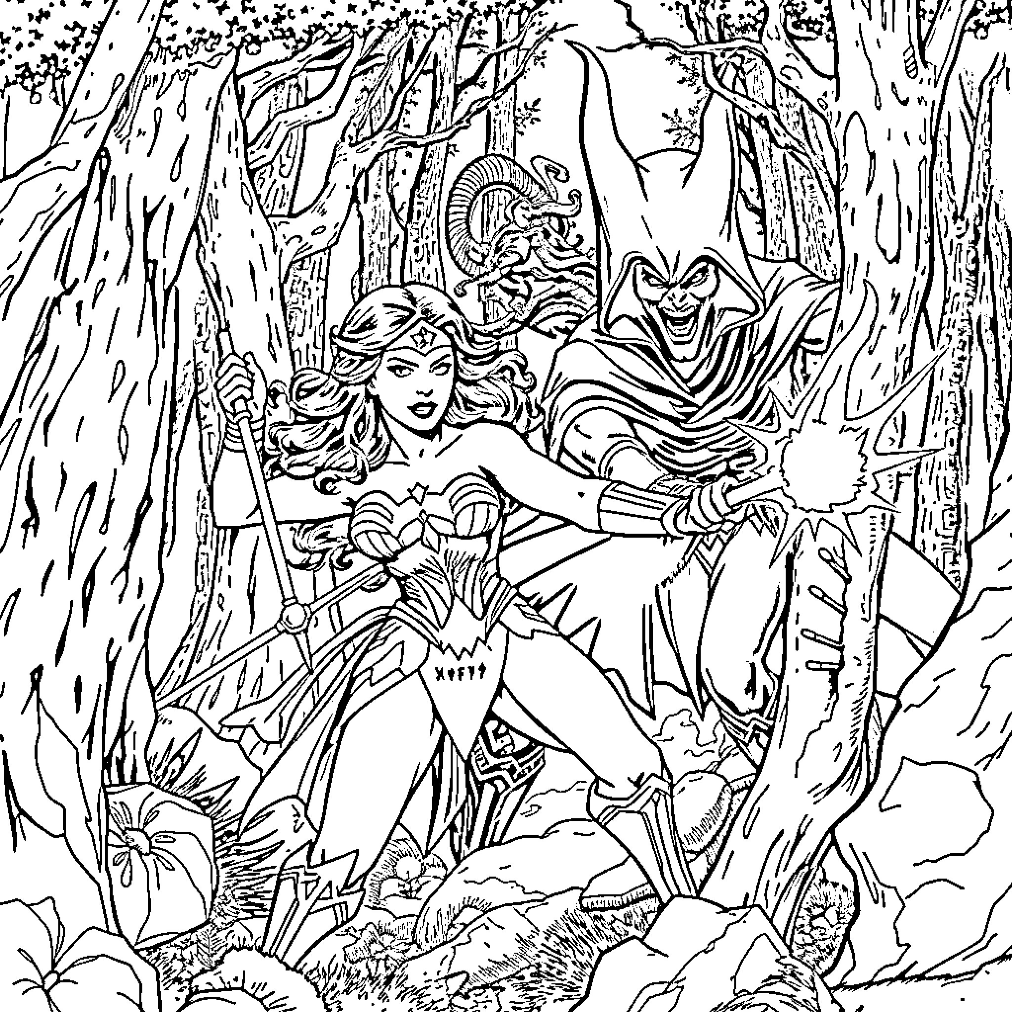 Wonder Woman heroically battles foes in a mystical forest Coloring Page (free black-and-white line drawing printable PDF for all, from beginners to advanced learners, including children, teens, adults, and seniors)