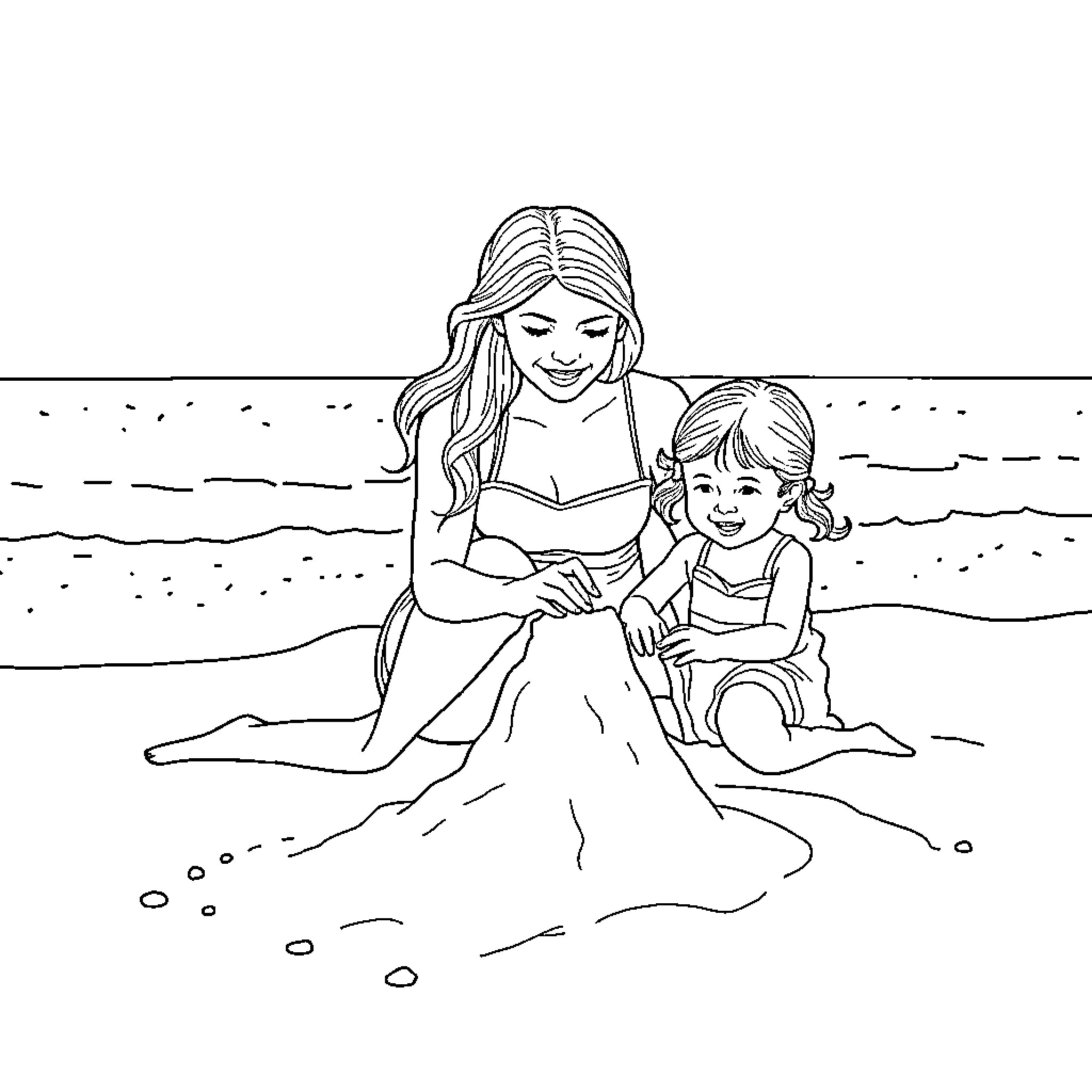 Mother and child enjoying time at the beach Coloring Page (free black-and-white line drawing printable PDF for all, from beginners to advanced learners, including children, teens, adults, and seniors)