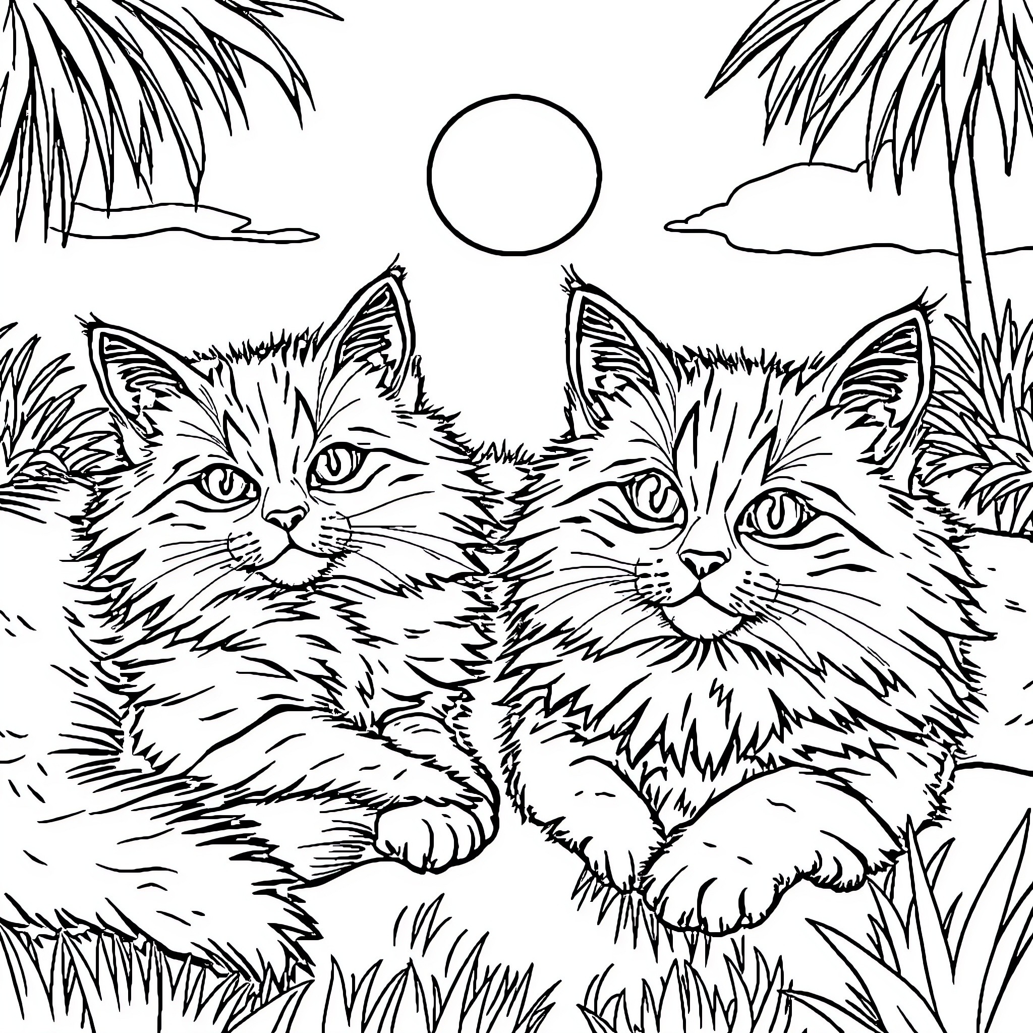 Cat Relaxing in Tropical Landscape Coloring Page (free black-and-white line drawing printable PDF for all, from beginners to advanced learners, including children, teens, adults, and seniors)