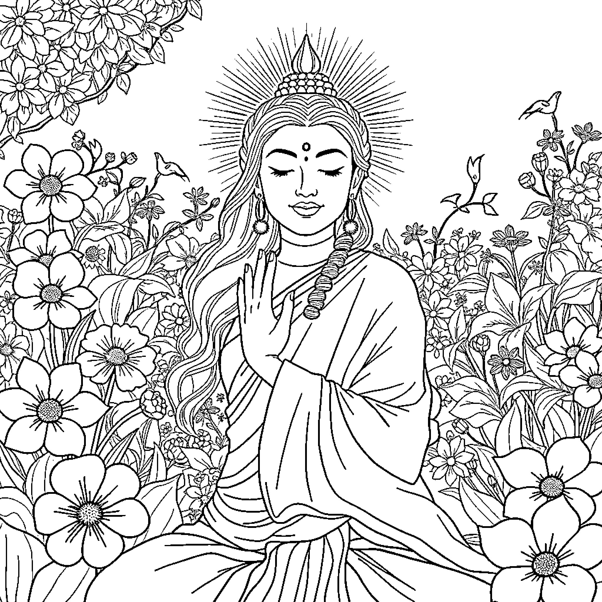 Woman in serene meditation surrounded by detailed floral elements Coloring Page (free black-and-white line drawing printable PDF for all, from beginners to advanced learners, including children, teens, adults, and seniors)