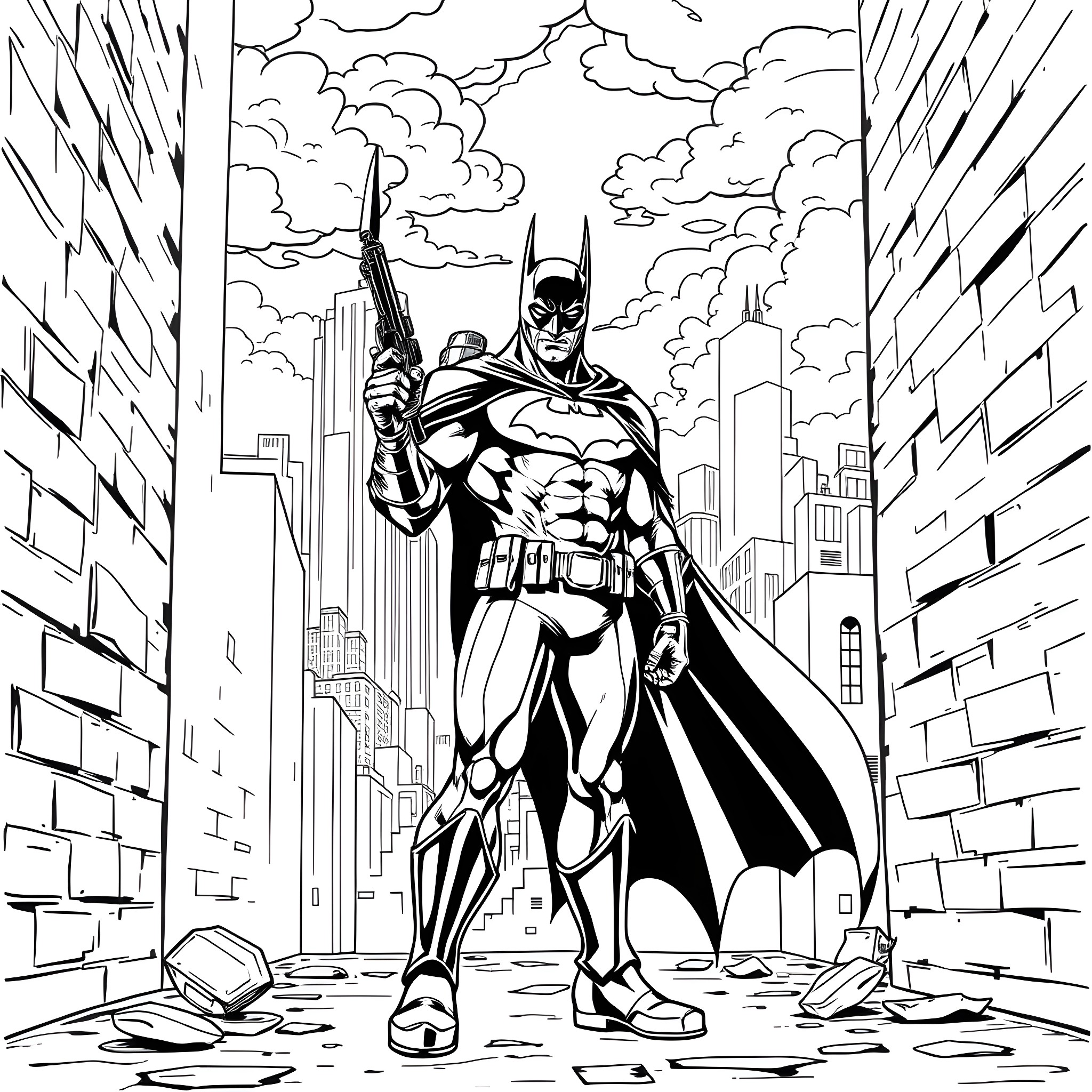Batman Battling Villains in Gotham City Coloring Page (free black-and-white line drawing printable PDF for all, from beginners to advanced learners, including children, teens, adults, and seniors)