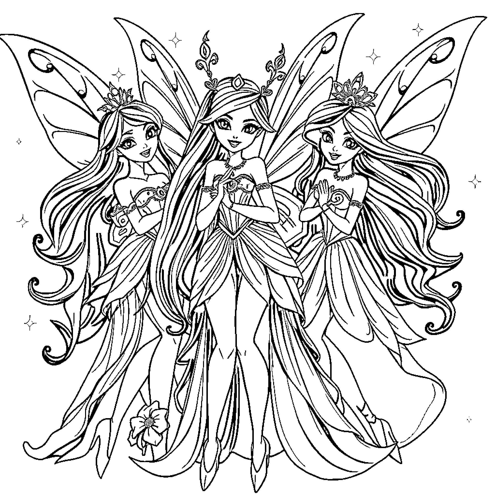 Fairy princesses in elegant gowns and ethereal wings Coloring Page (free black-and-white line drawing printable PDF for all, from beginners to advanced learners, including children, teens, adults, and seniors)