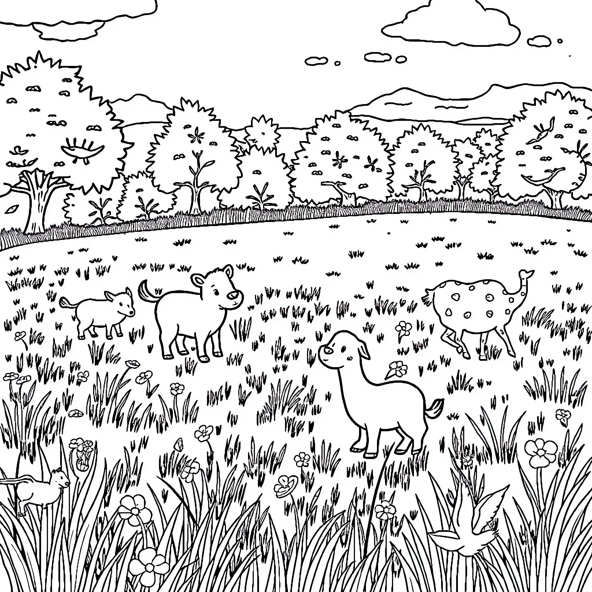 Animals playing and exploring in lush nature Coloring Page (free black-and-white line drawing printable PDF for all, from beginners to advanced learners, including children, teens, adults, and seniors)