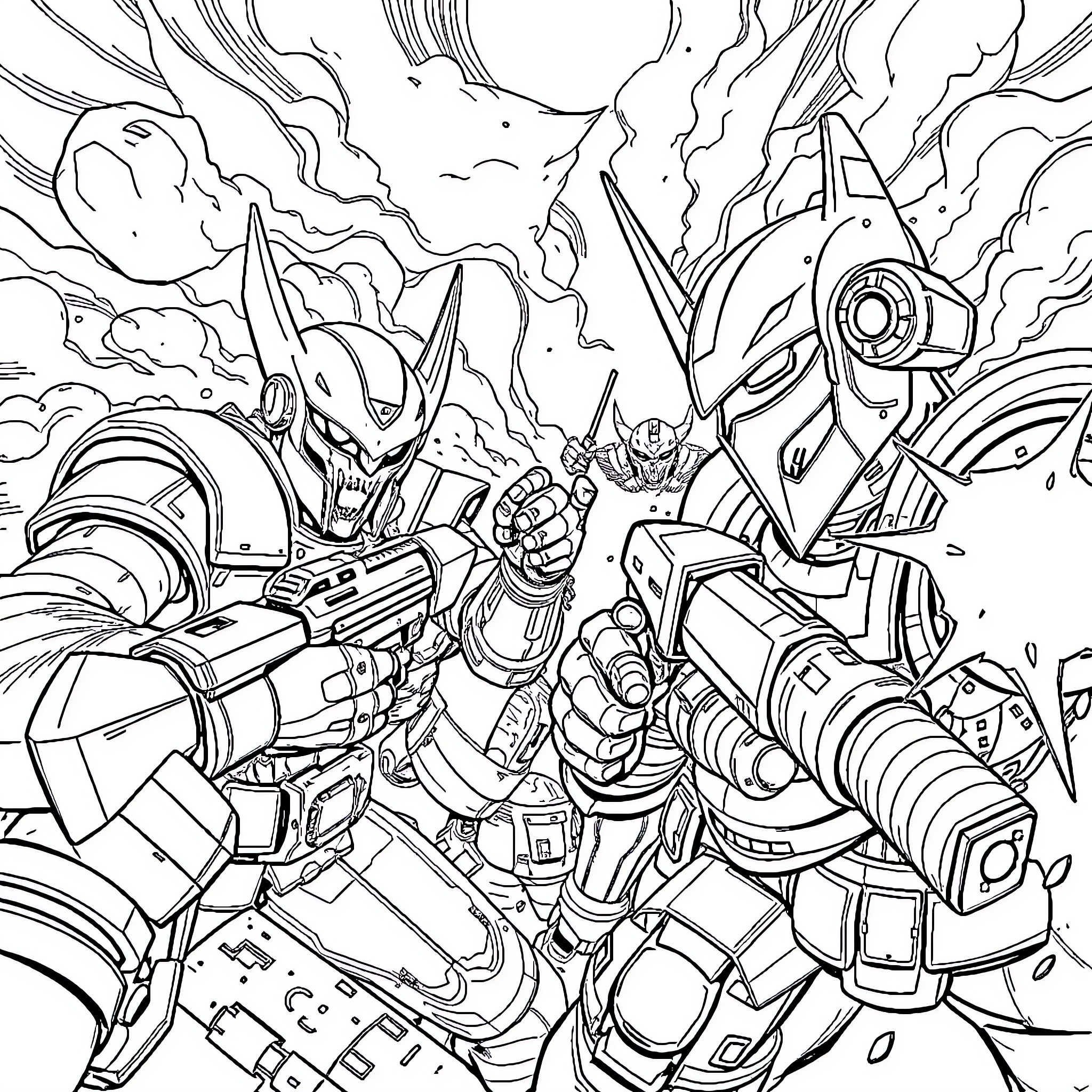Titanhead's epic battle against colossal machines Coloring Page (free black-and-white line drawing printable PDF for all, from beginners to advanced learners, including children, teens, adults, and seniors)