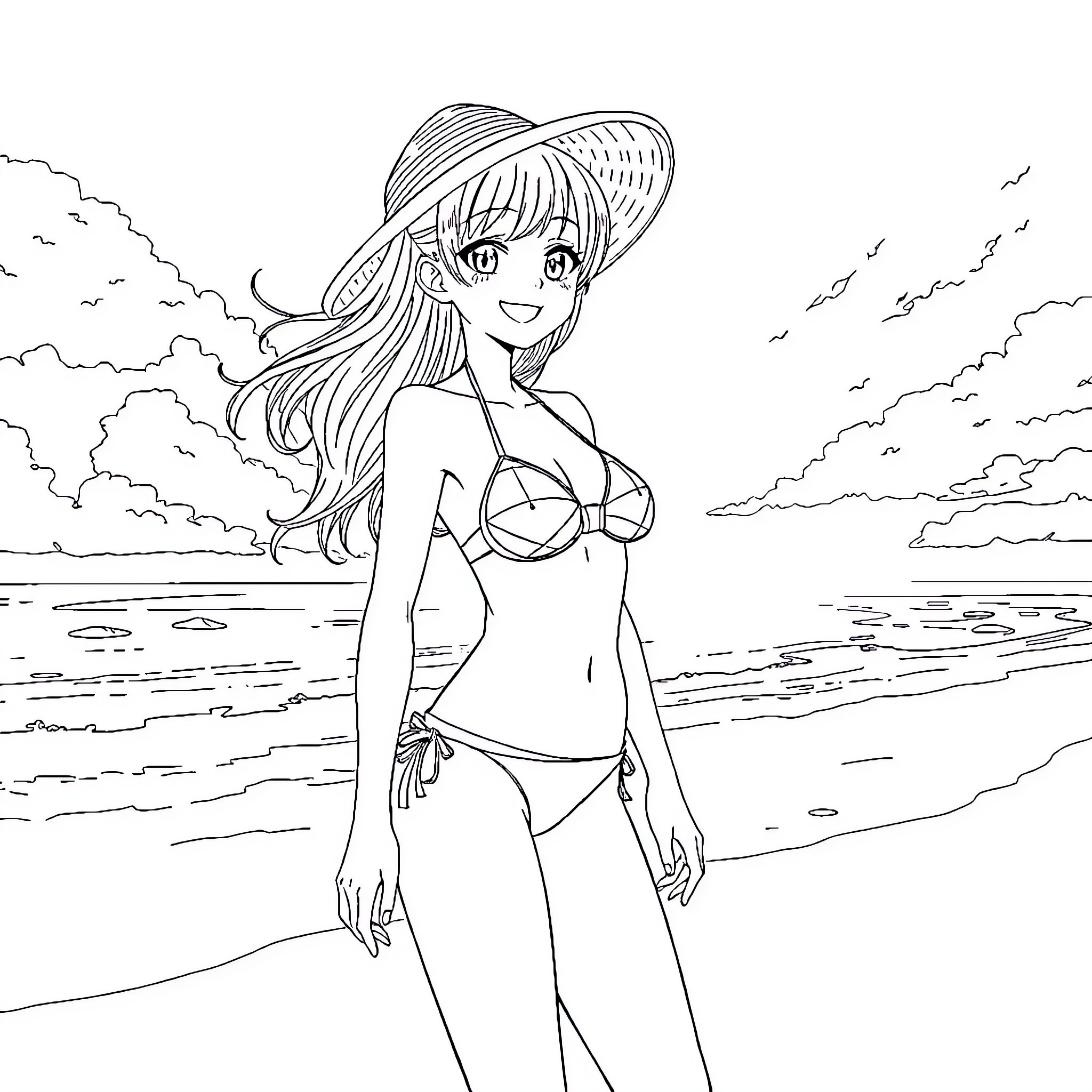 Anime Girl in Beachwear Enjoying the Sunny Outdoors Coloring Page (free black-and-white line drawing printable PDF for all, from beginners to advanced learners, including children, teens, adults, and seniors)