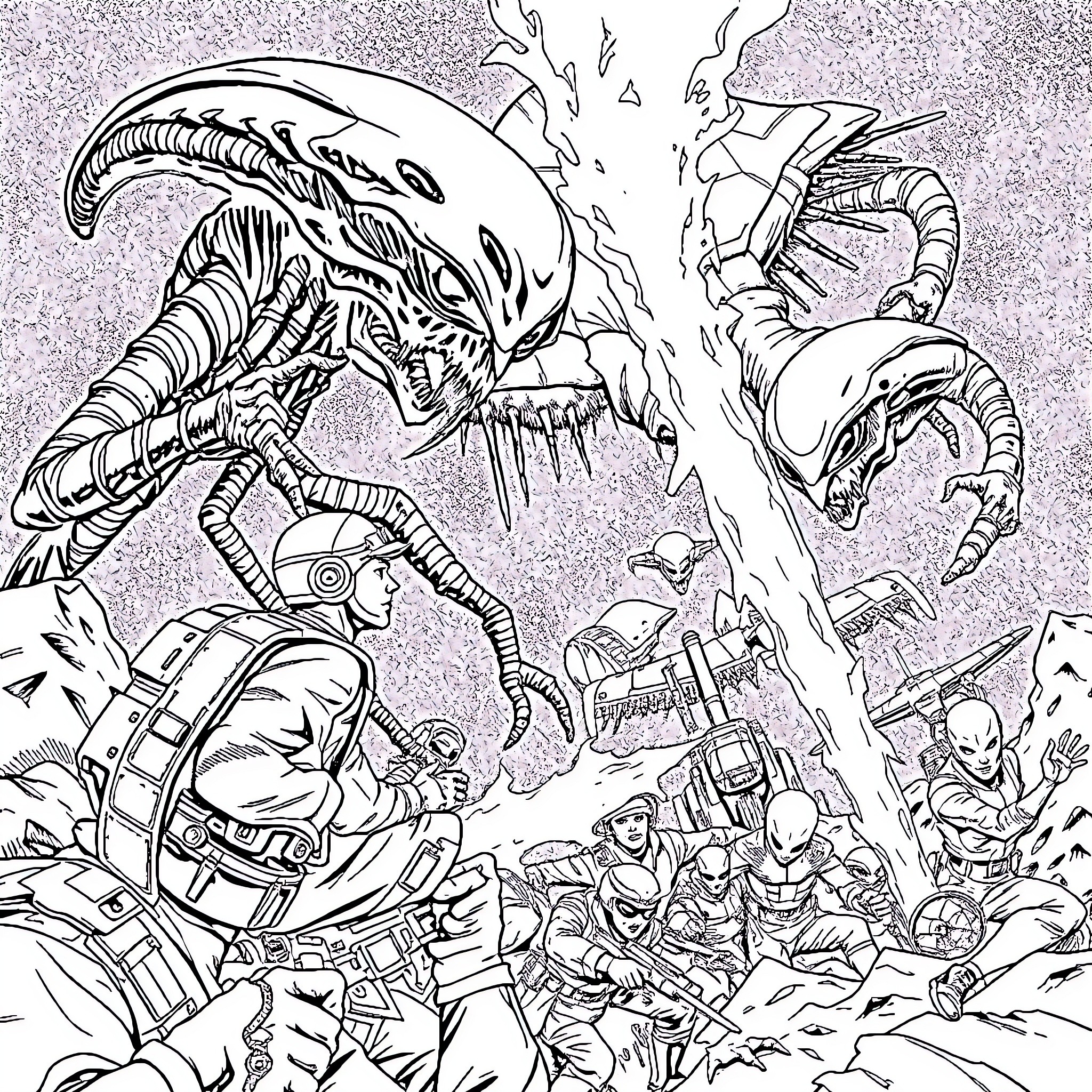 Airmen in intense combat against alien creatures Coloring Page (free black-and-white line drawing printable PDF for all, from beginners to advanced learners, including children, teens, adults, and seniors)