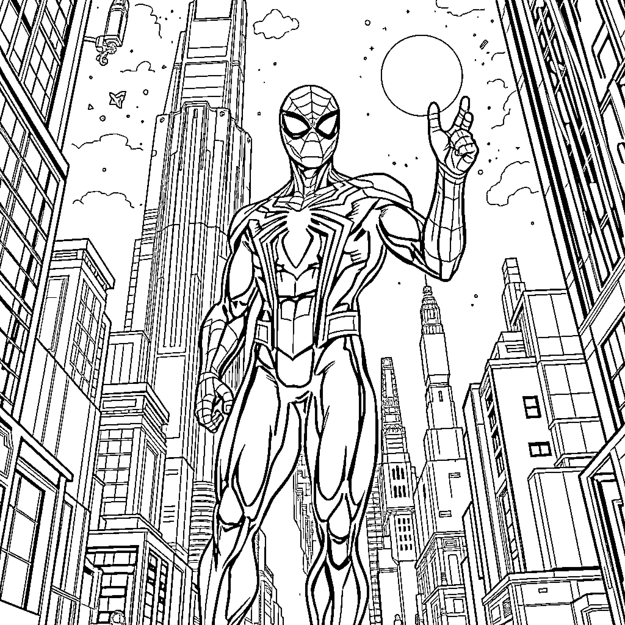 Spiderman standing tall in the city skyline Coloring Page (free black-and-white line drawing printable PDF for all, from beginners to advanced learners, including children, teens, adults, and seniors)