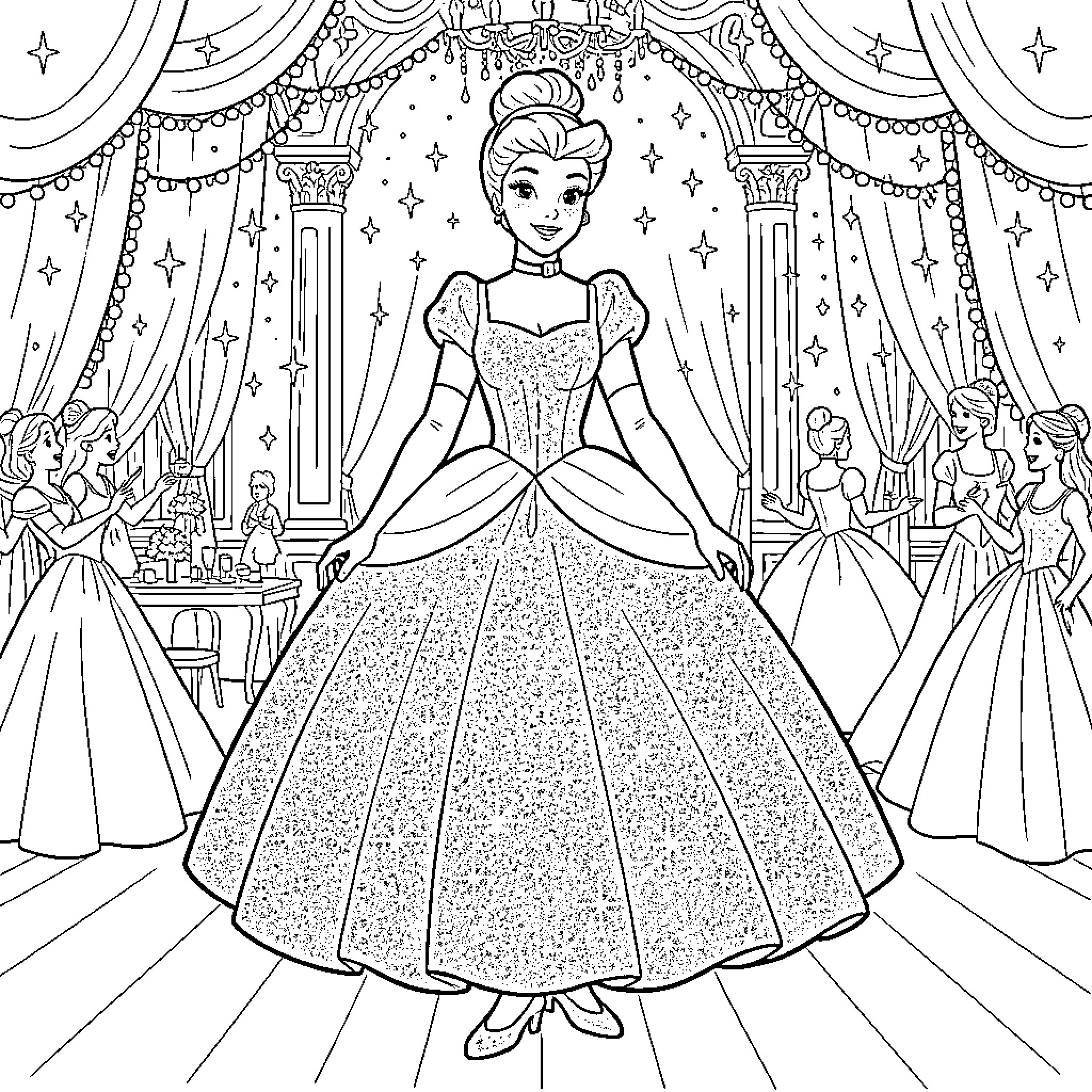 Cinderella's Enchanted Ball Coloring Page (free black-and-white line drawing printable PDF for all, from beginners to advanced learners, including children, teens, adults, and seniors)