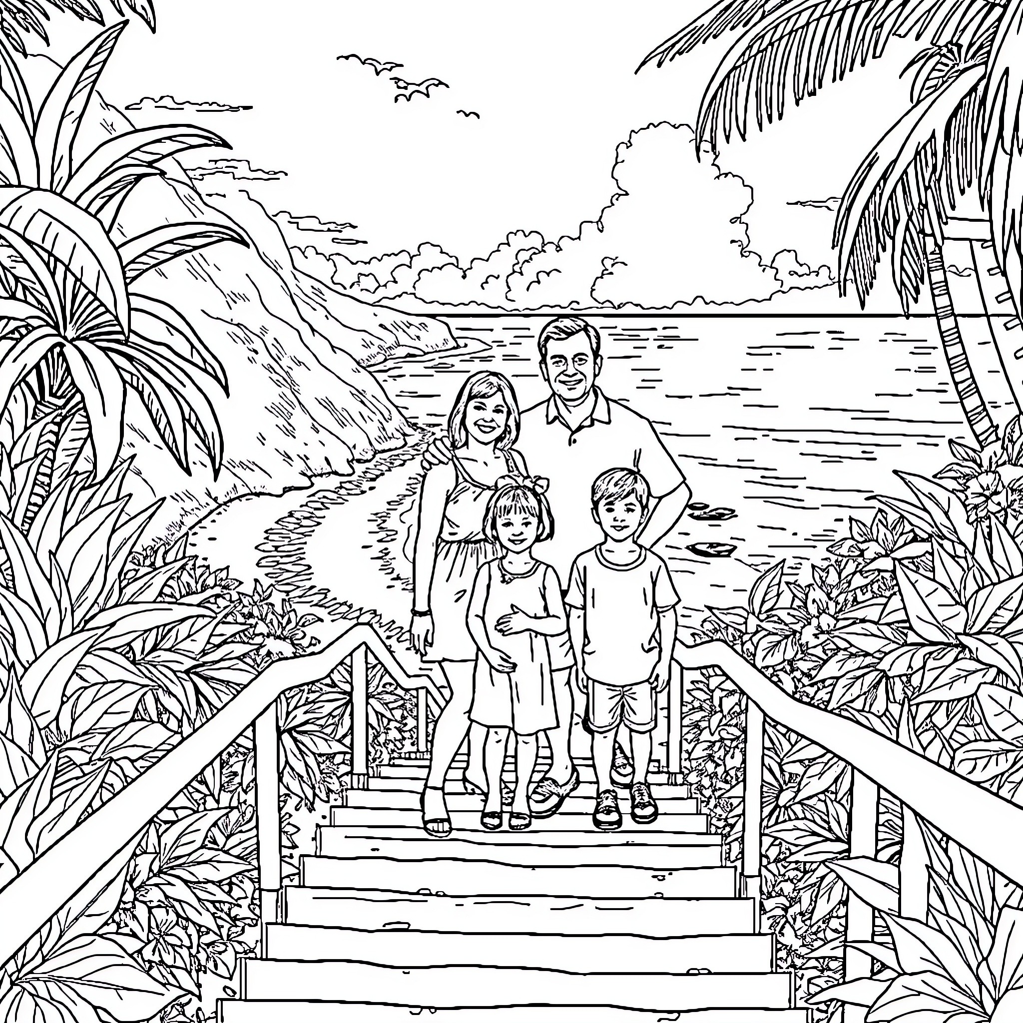Family Walking on a Tropical Beach Path Coloring Page (free black-and-white line drawing printable PDF for all, from beginners to advanced learners, including children, teens, adults, and seniors)