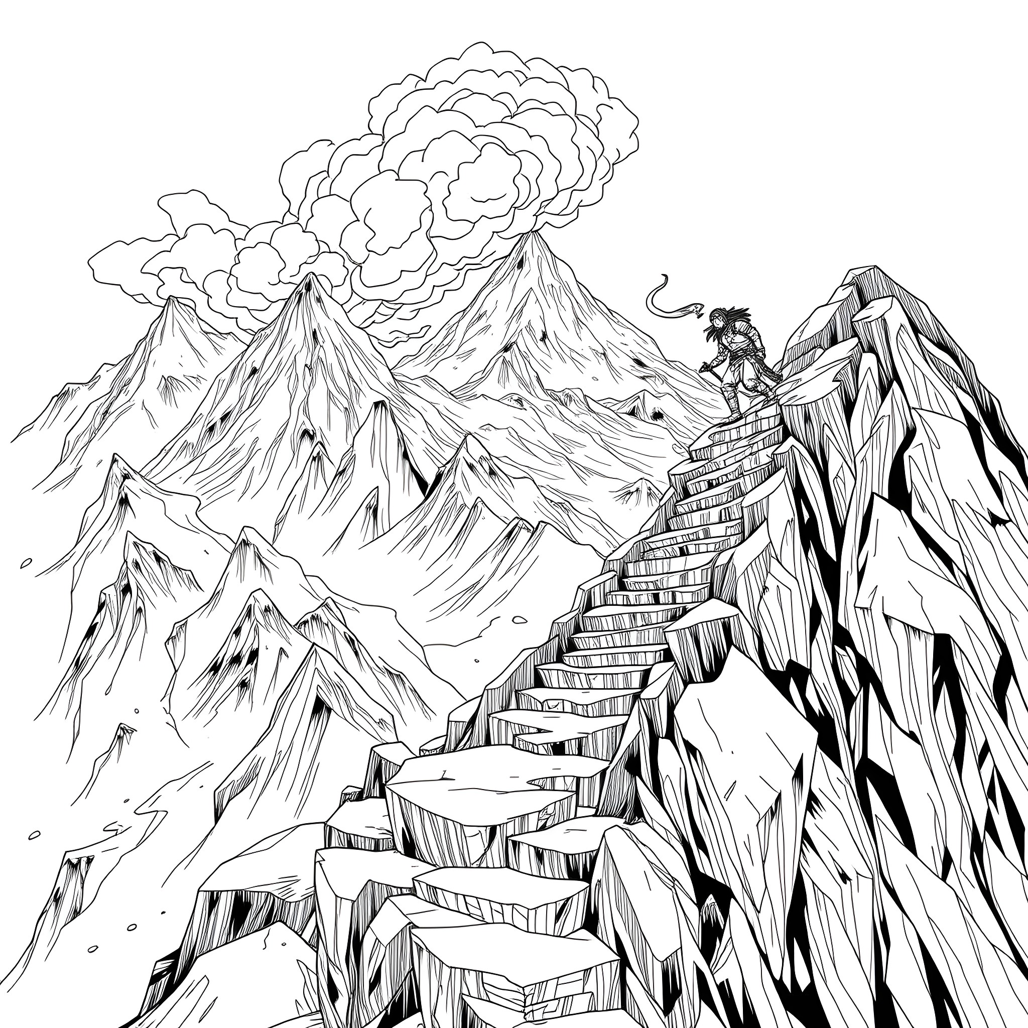 Warrior Ascending the Steps to the Peaks Coloring Page (free black-and-white line drawing printable PDF for all, from beginners to advanced learners, including children, teens, adults, and seniors)