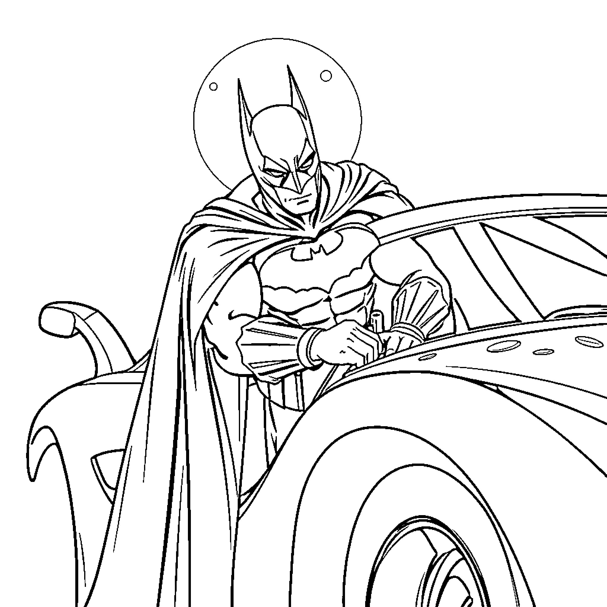 Batman operating his Batmobile in action Coloring Page (free black-and-white line drawing printable PDF for all, from beginners to advanced learners, including children, teens, adults, and seniors)