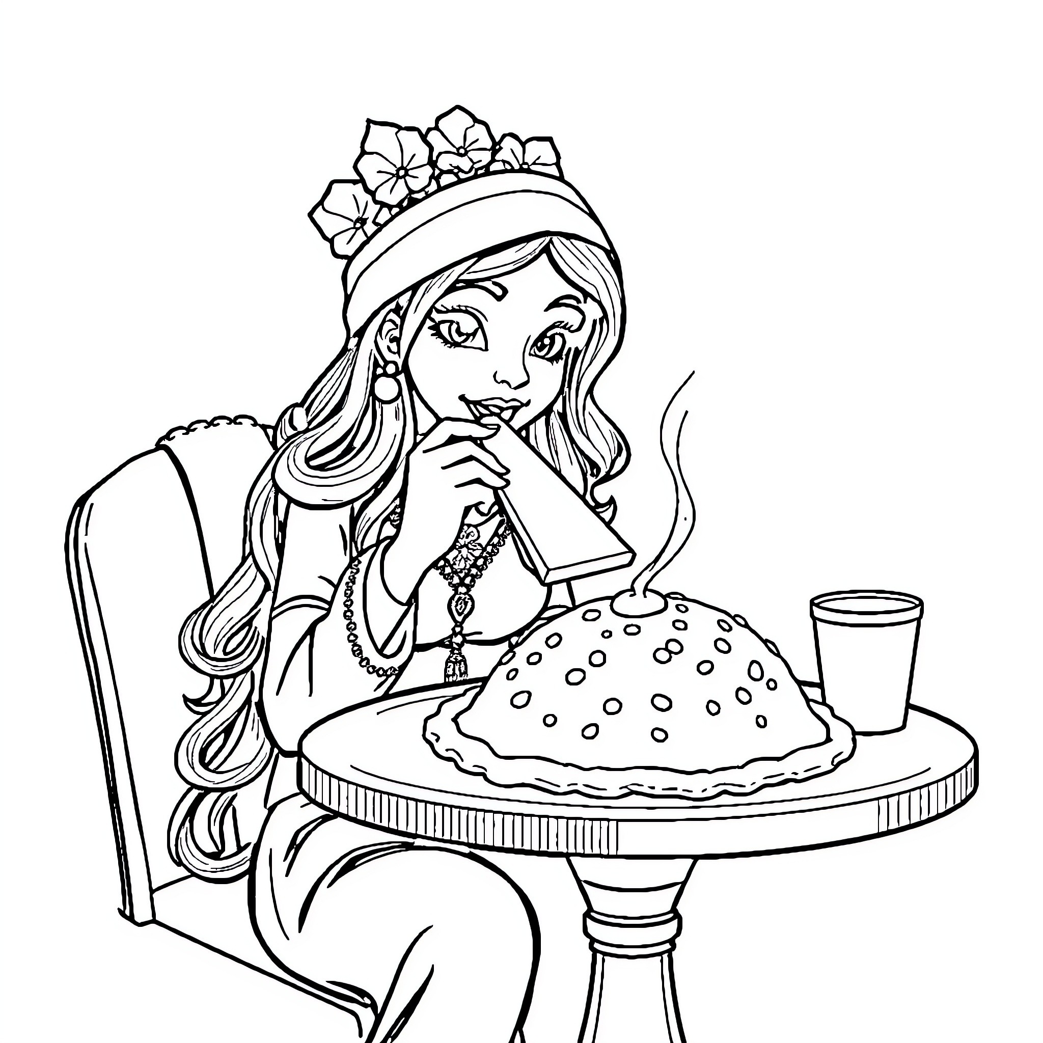 Cinderella enjoying a delicious dessert in a cozy setting Coloring Page (free black-and-white line drawing printable PDF for all, from beginners to advanced learners, including children, teens, adults, and seniors)
