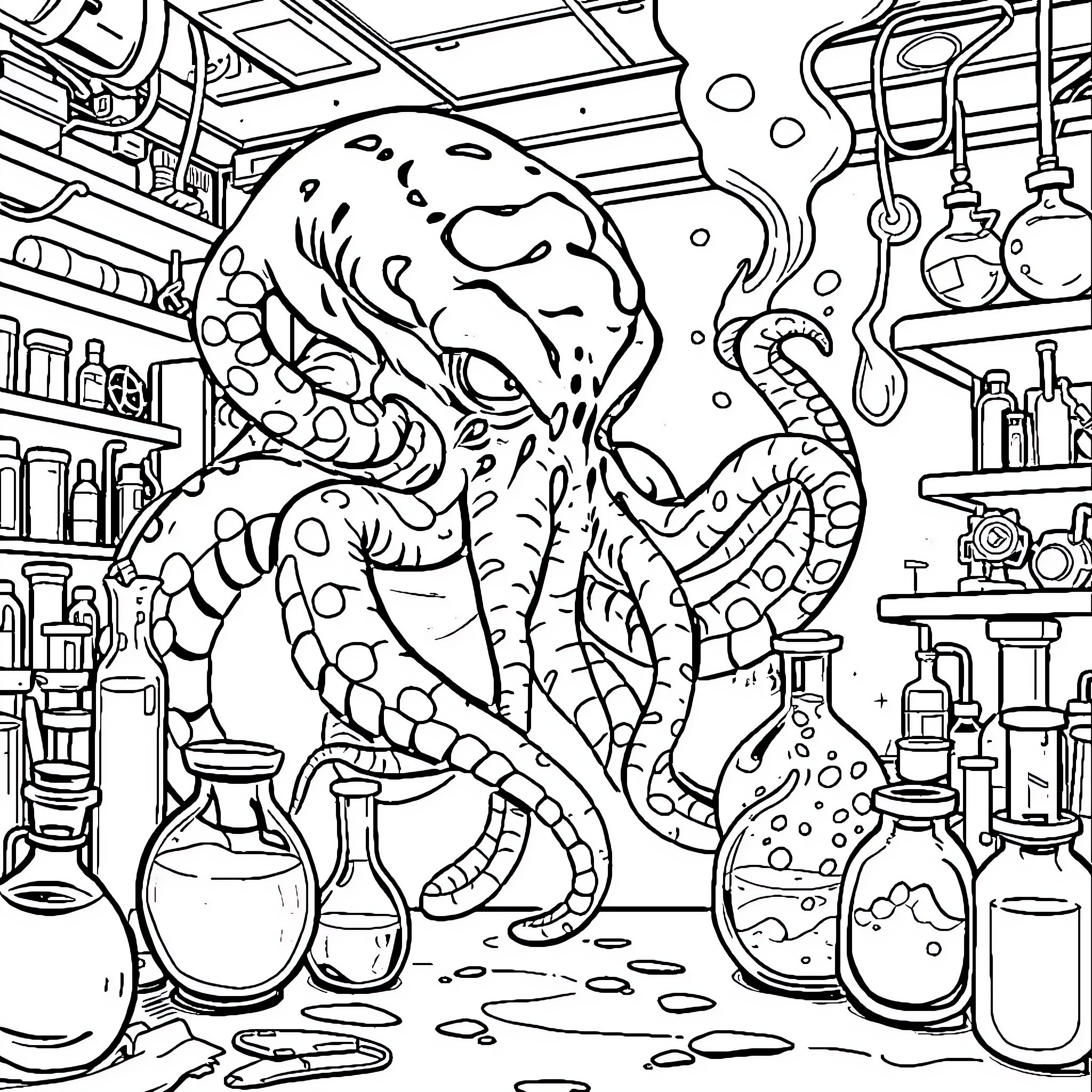 Cthulhu's Mysterious Laboratory Coloring Page (free black-and-white line drawing printable PDF for all, from beginners to advanced learners, including children, teens, adults, and seniors)